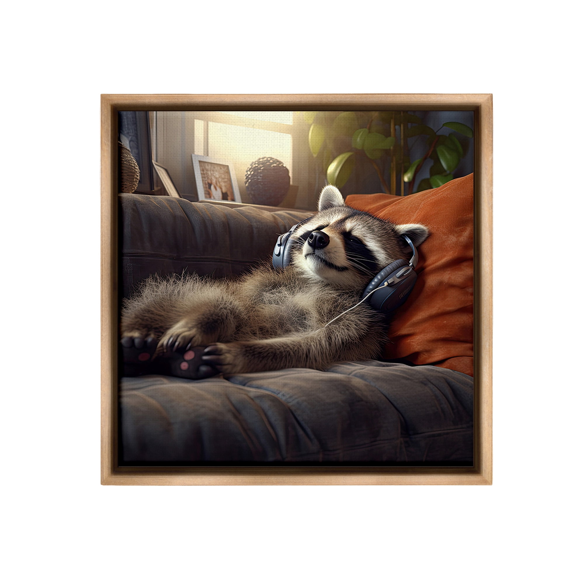 Stupell Industries Raccoon Relaxing Headphones Animals & Insects Painting Brown Floater Framed Canvas Art Print Wall Art, 25 x 25