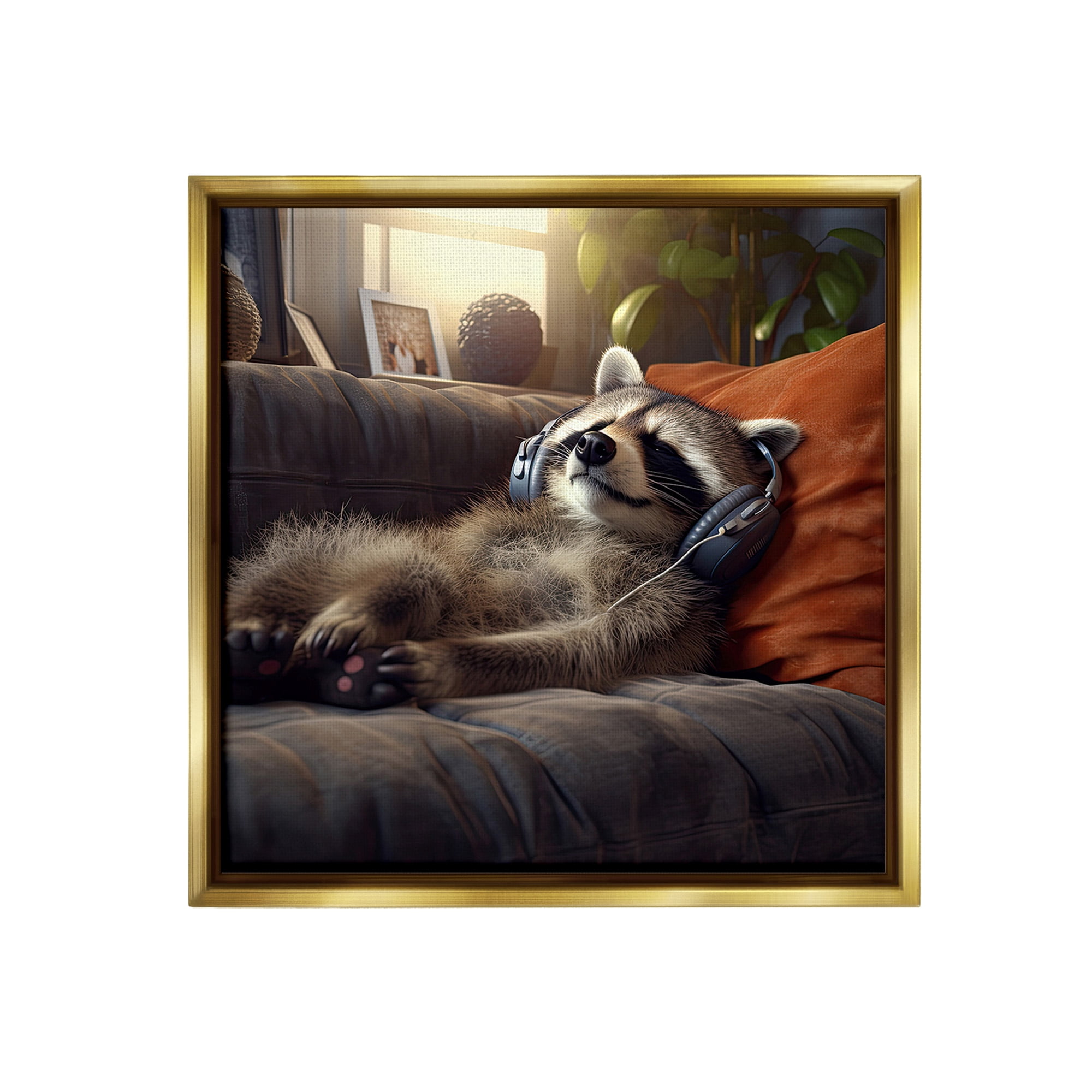 Stupell Industries Raccoon Relaxing Headphones Animals & Insects Painting Gold Floater Framed Canvas Art Print Wall Art, 18 x 18