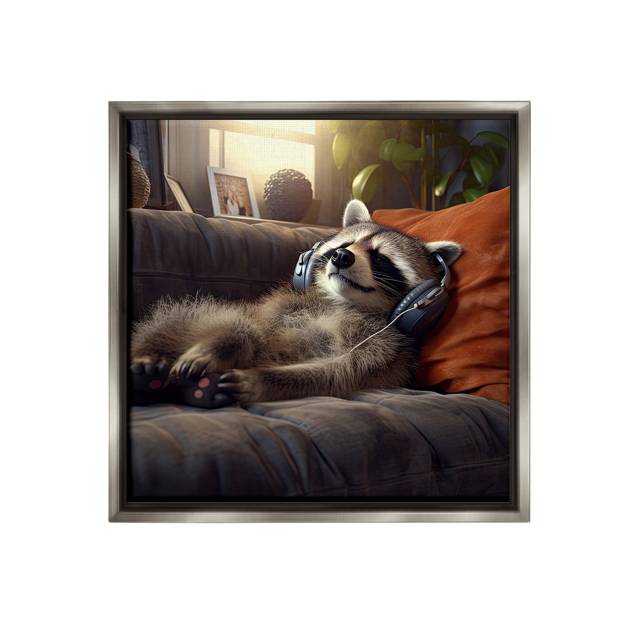 Stupell Industries Raccoon Relaxing Headphones Animals & Insects Painting Gray Floater Framed Canvas Art Print Wall Art, 18 x 18