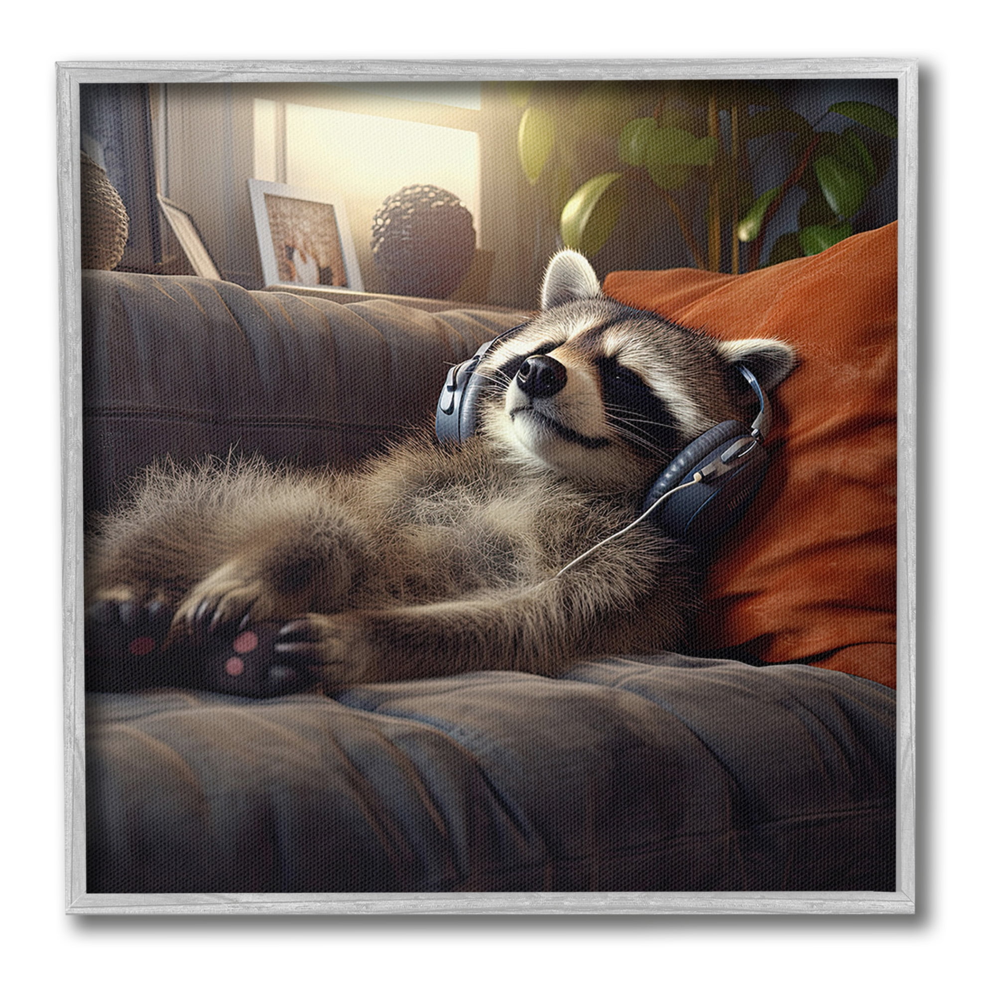 Stupell Industries Raccoon Relaxing Headphones Animals & Insects Painting Gray Framed Art Print Wall Art, 24 x 24