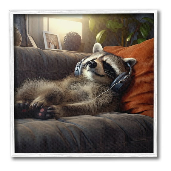 Stupell Industries Raccoon Relaxing Headphones Animals & Insects Painting White Framed Art Print Wall Art, 12 x 12