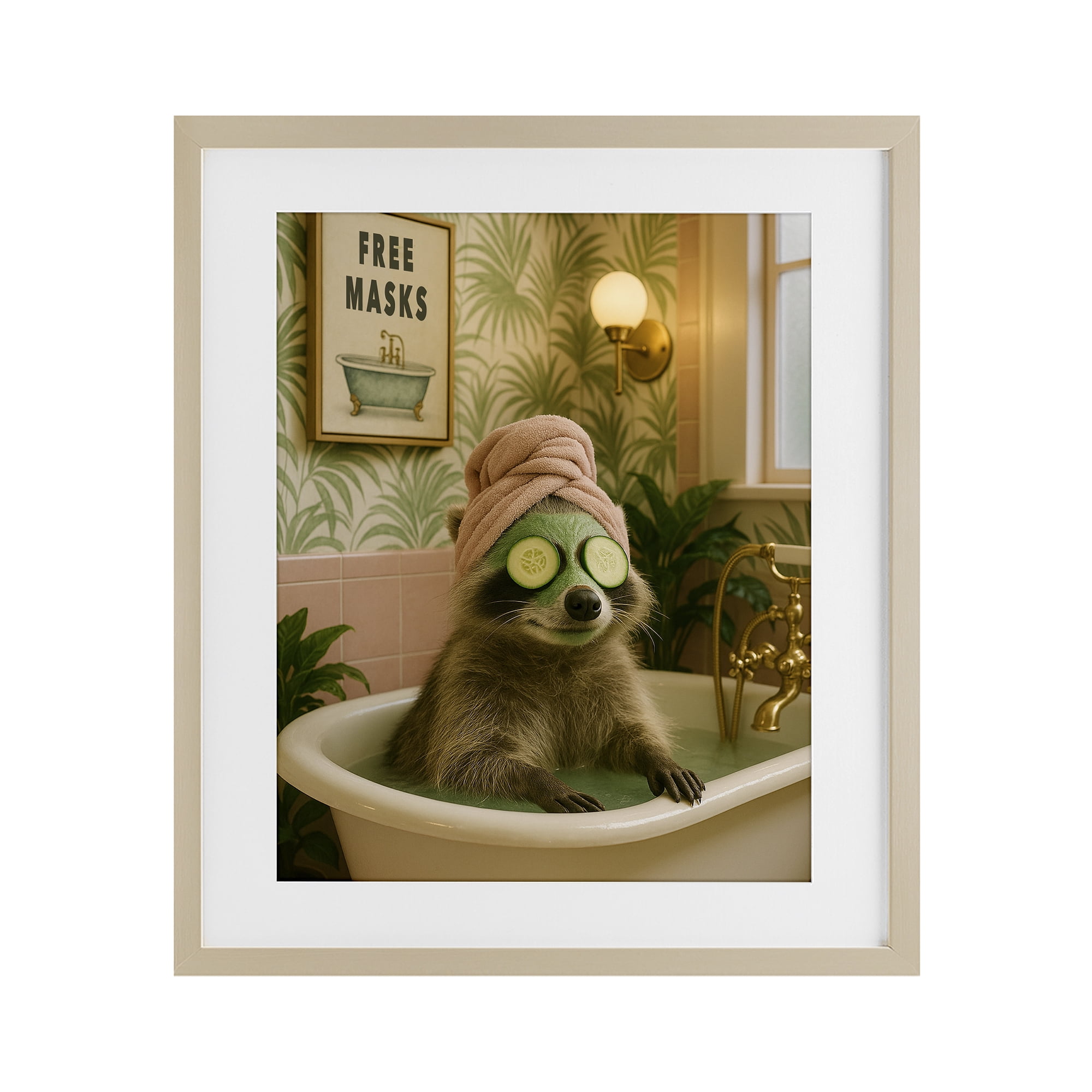 Stupell Industries Raccoon Spa Day Bath Birch Framed Print Under Glass, design by Grotto Studios