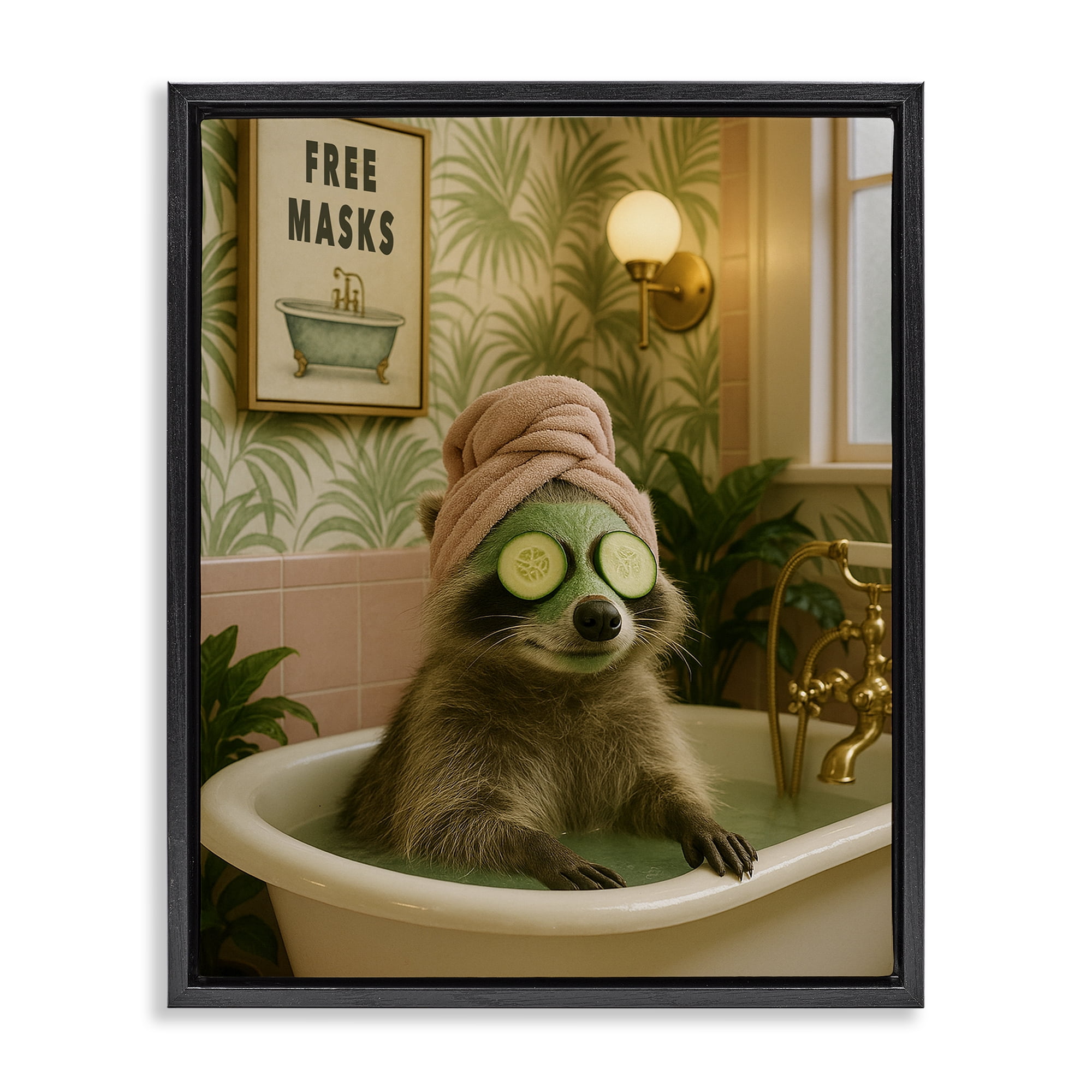 Stupell Industries Raccoon Spa Day Bath Black Framed Floater Canvas Wall Art, design by Grotto Studios