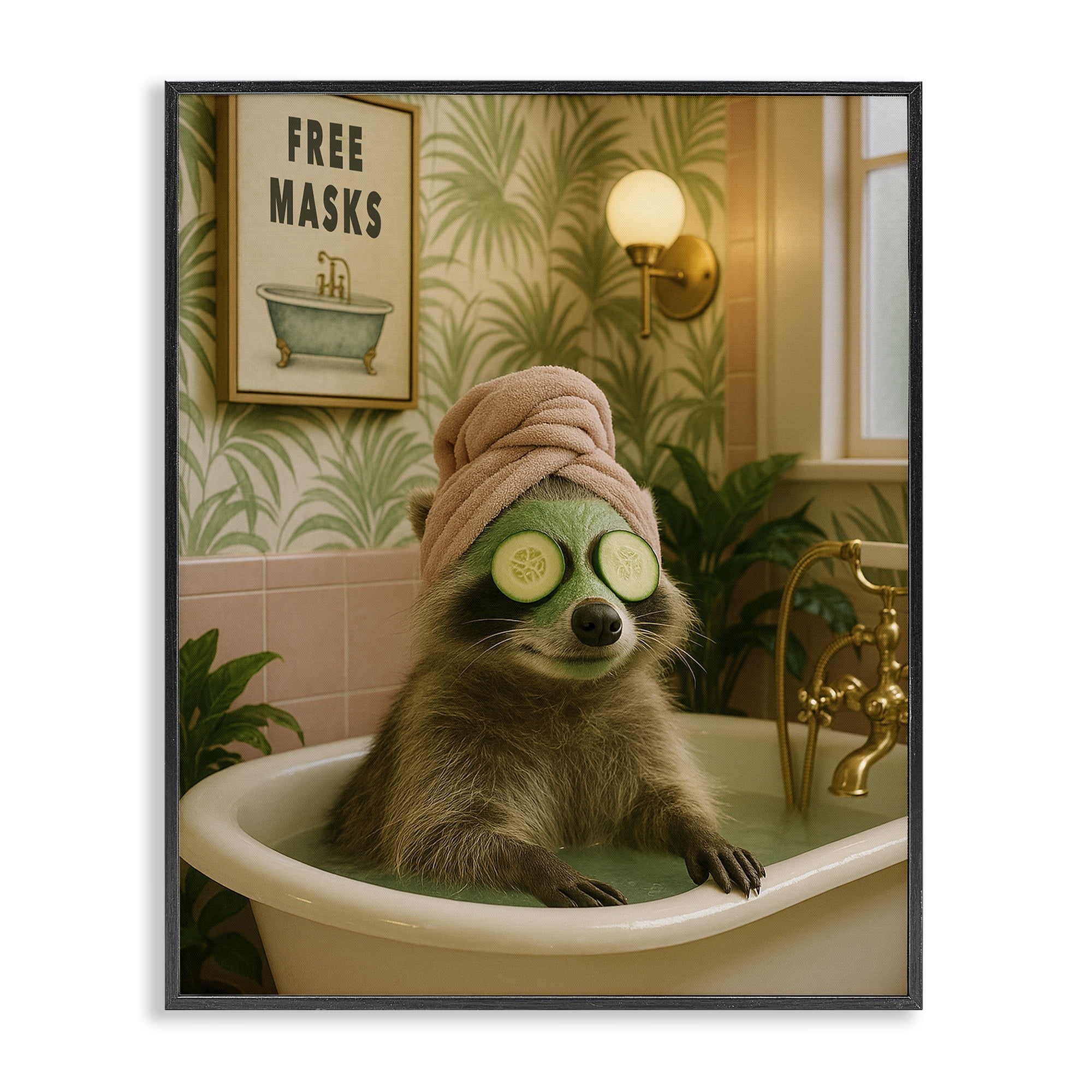 Stupell Industries Raccoon Spa Day Bath Black Framed Giclee Art, design by Grotto Studios