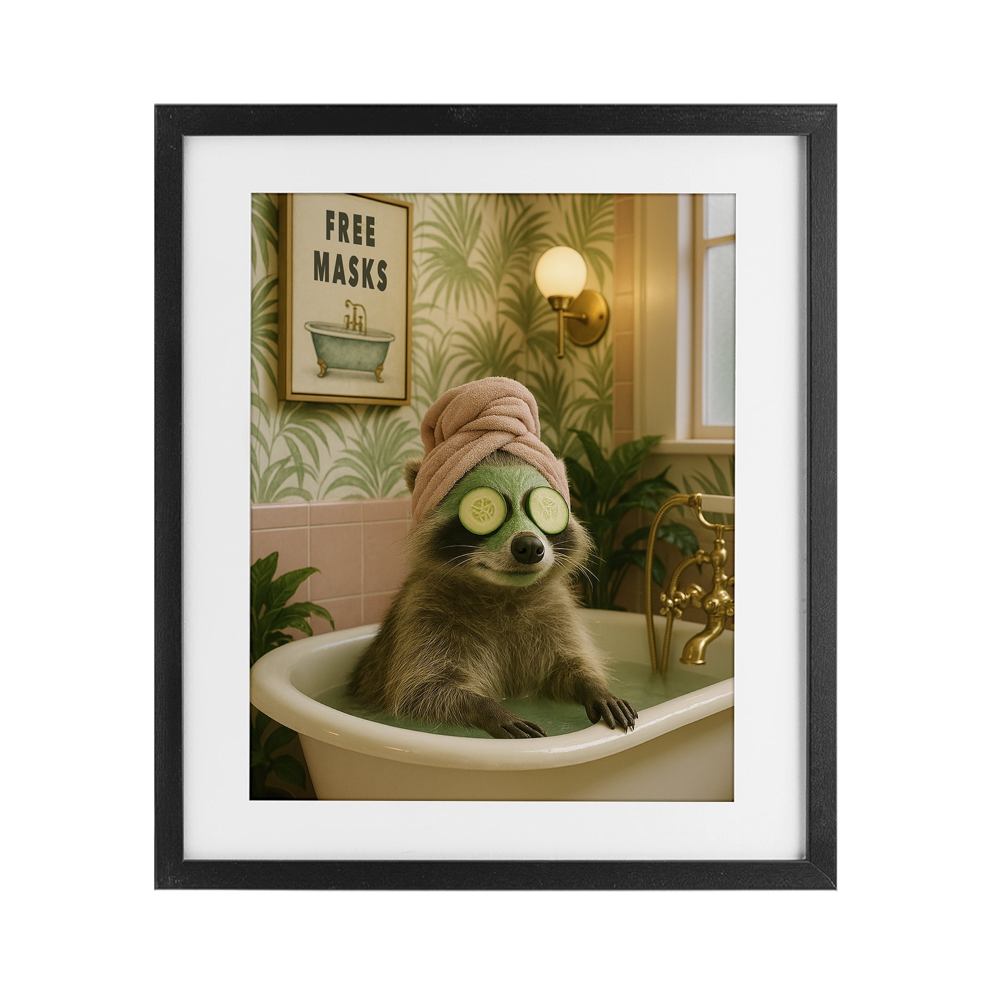 Stupell Industries Raccoon Spa Day Bath Black Framed Print Under Glass, design by Grotto Studios