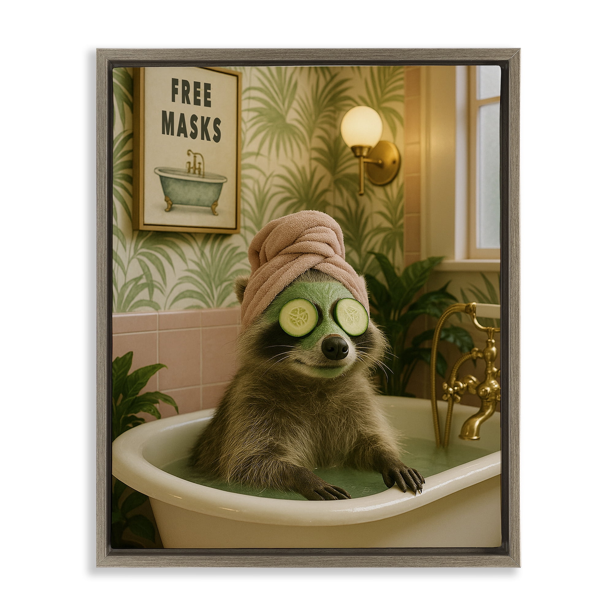Stupell Industries Raccoon Spa Day Bath Brown Framed Floater Canvas Wall Art, design by Grotto Studios