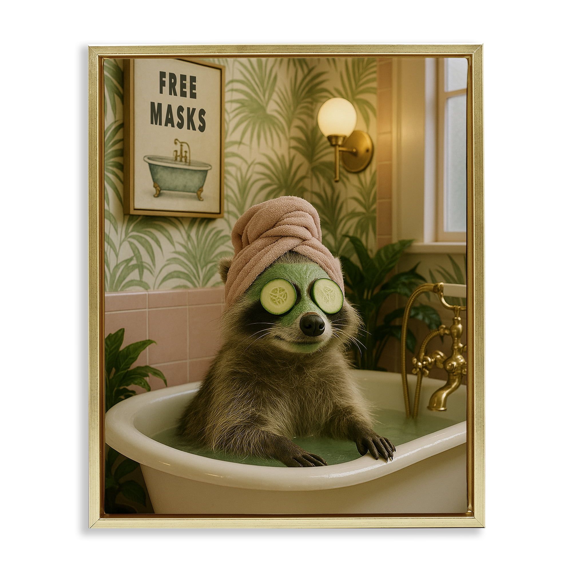 Stupell Industries Raccoon Spa Day Bath Gold Framed Floater Canvas Wall Art, design by Grotto Studios