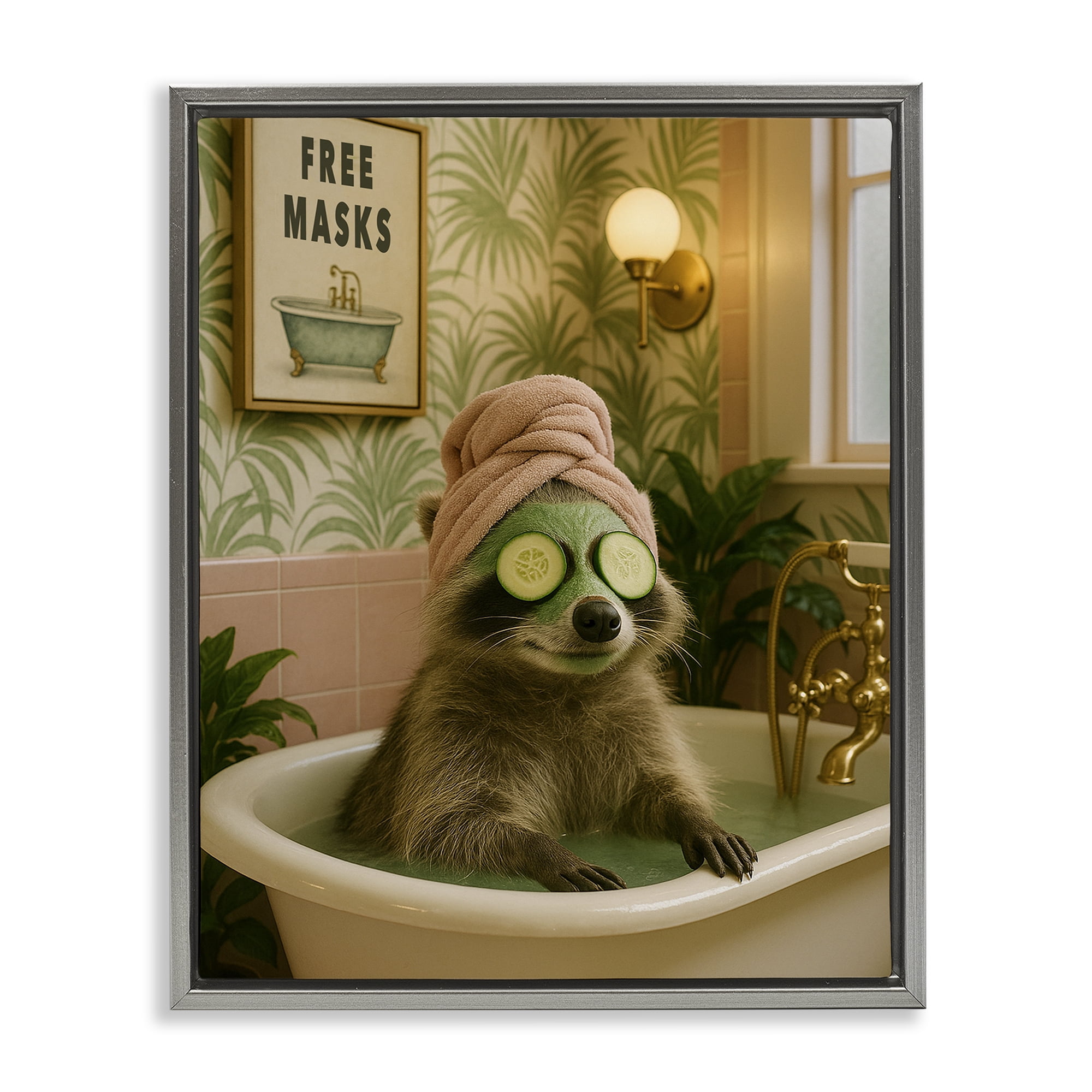 Stupell Industries Raccoon Spa Day Bath Gray Framed Floater Canvas Wall Art, design by Grotto Studios