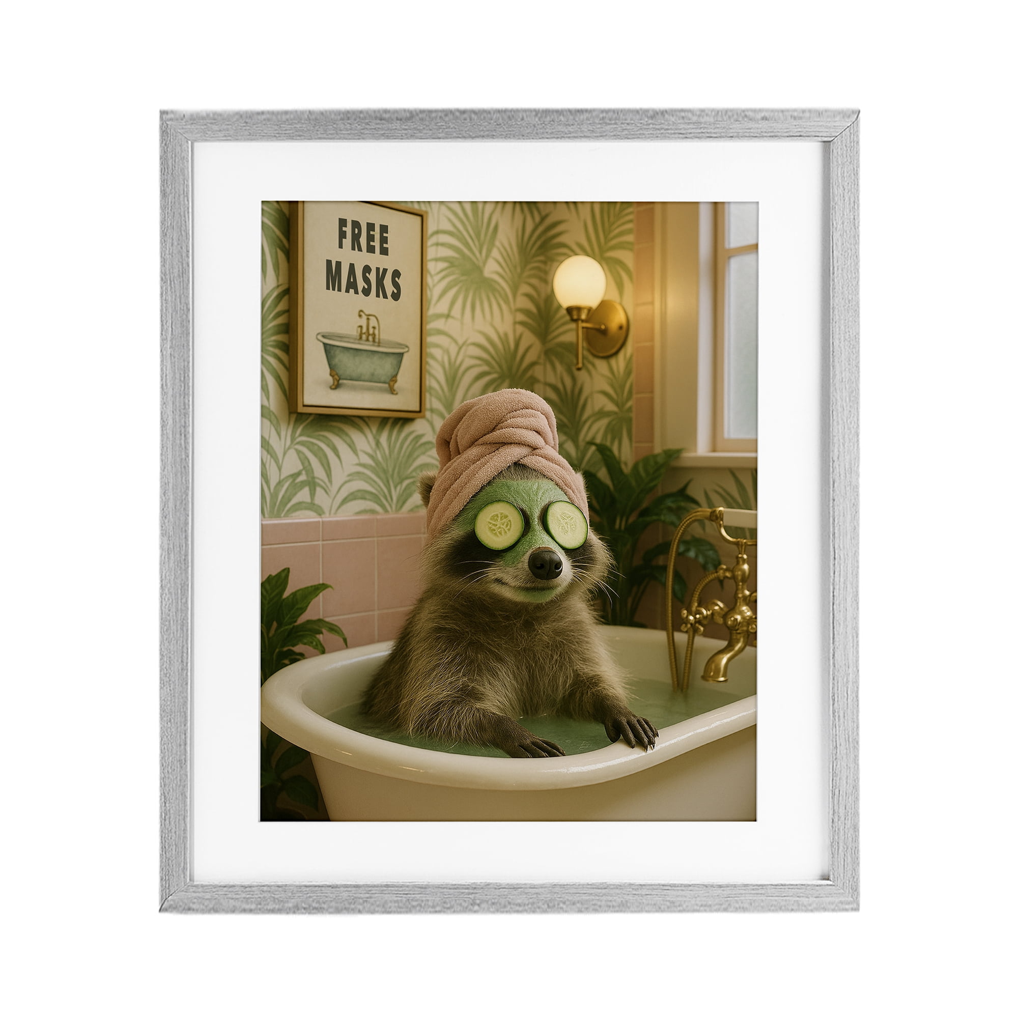 Stupell Industries Raccoon Spa Day Bath Gray Framed Print Under Glass, design by Grotto Studios