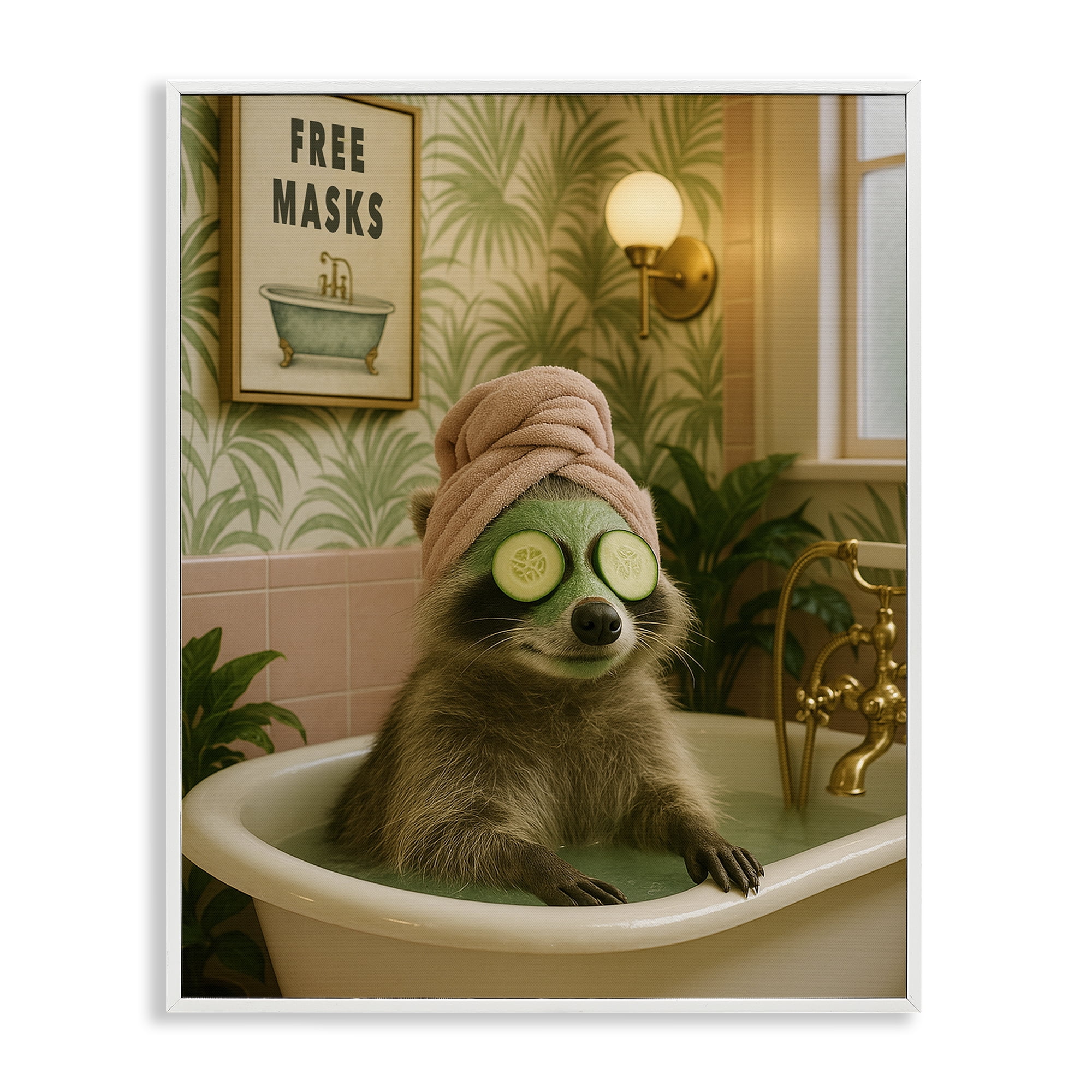 Stupell Industries Raccoon Spa Day Bath White Framed Giclee Art, design by Grotto Studios