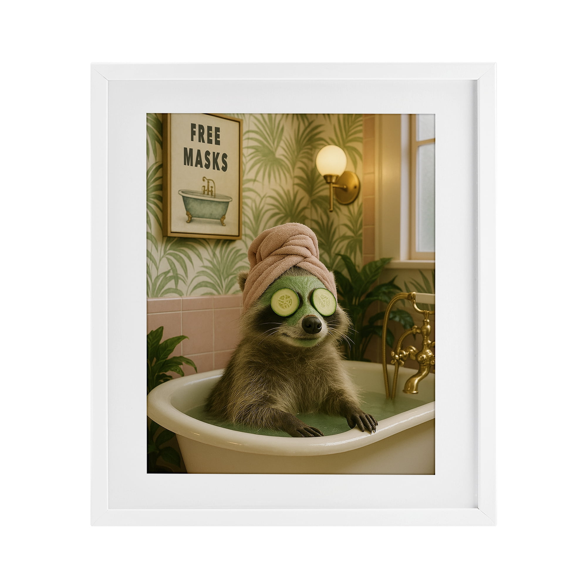 Stupell Industries Raccoon Spa Day Bath White Framed Print Under Glass, design by Grotto Studios