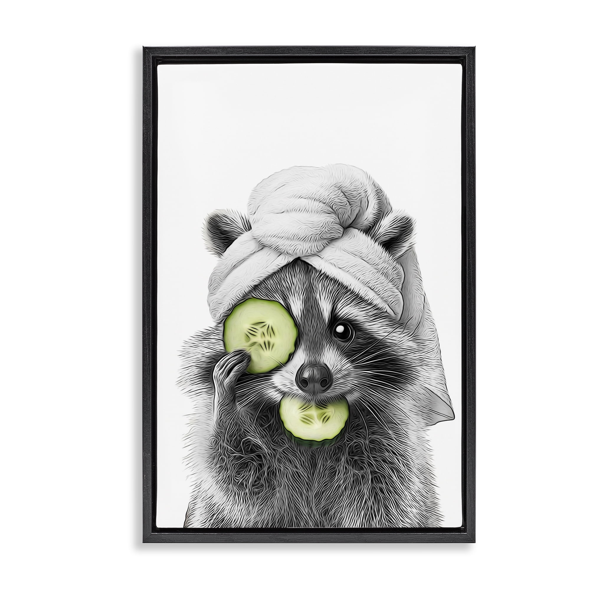 Stupell Industries Raccoon Spa Day Typography Painting Black Floater Framed Canvas Art Print Wall Art, 21 x 31