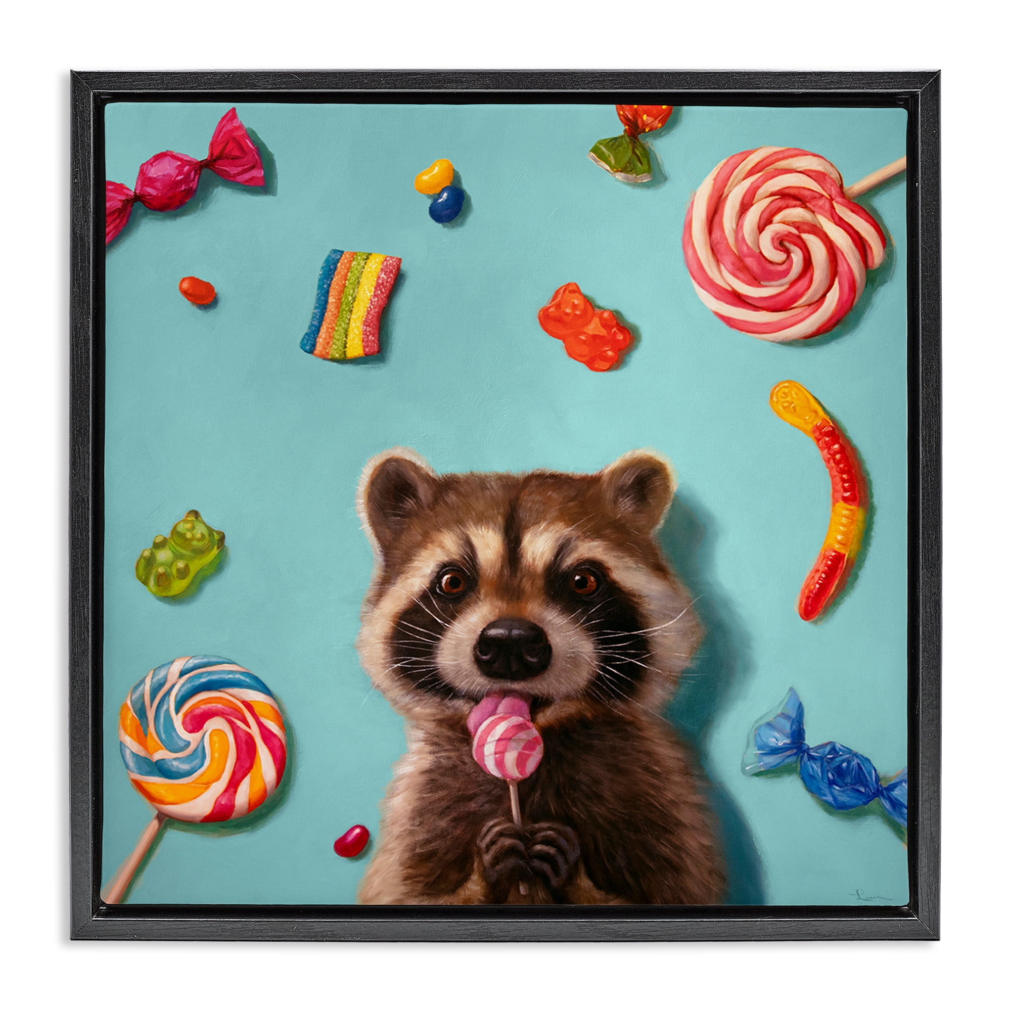 Stupell Industries Raccoon & Sweets Candies Food & Beverage Painting Black Floater Framed Canvas Art Print Wall Art, 18 x 18