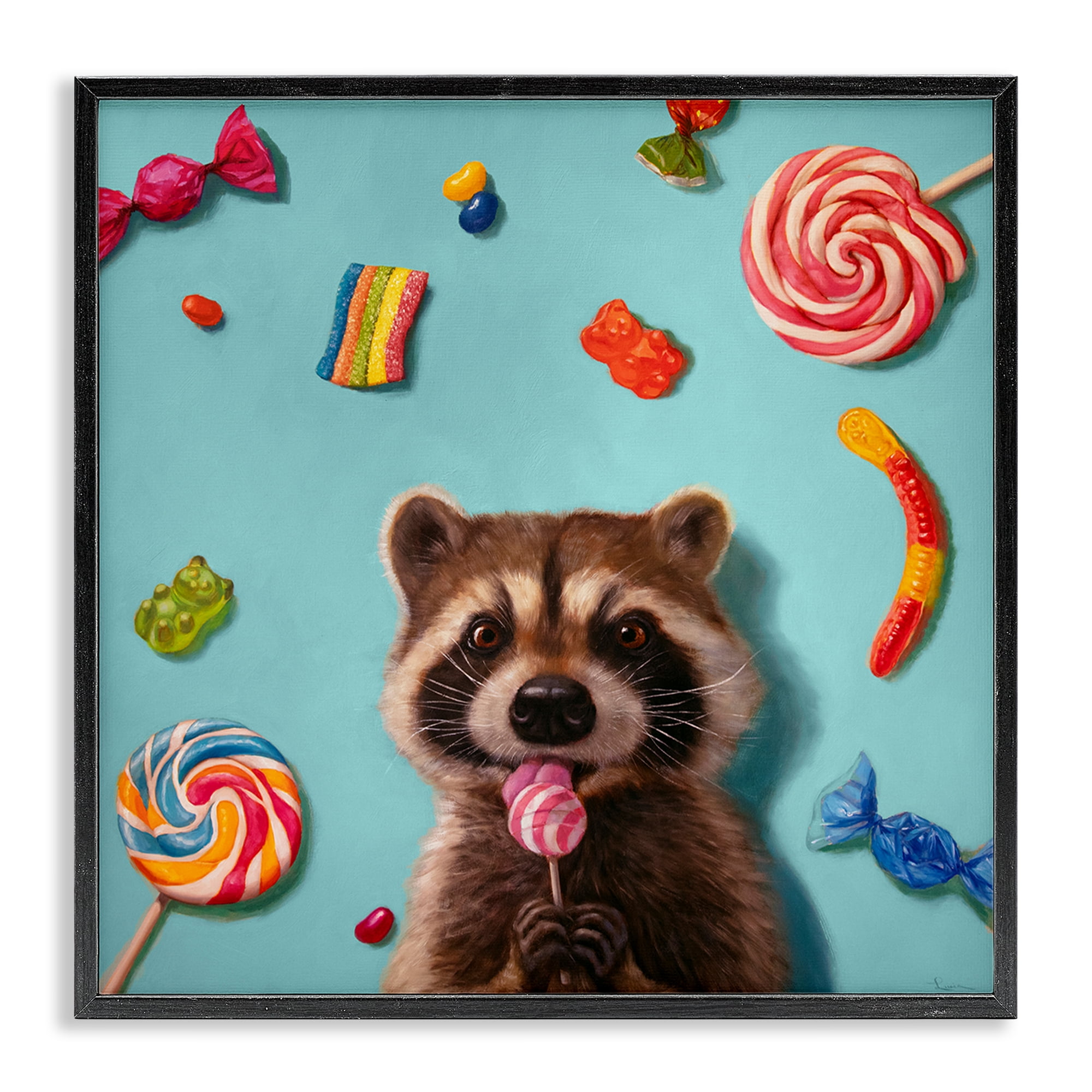 Stupell Industries Raccoon & Sweets Candies Food & Beverage Painting Black Framed Art Print Wall Art, 12 x 12