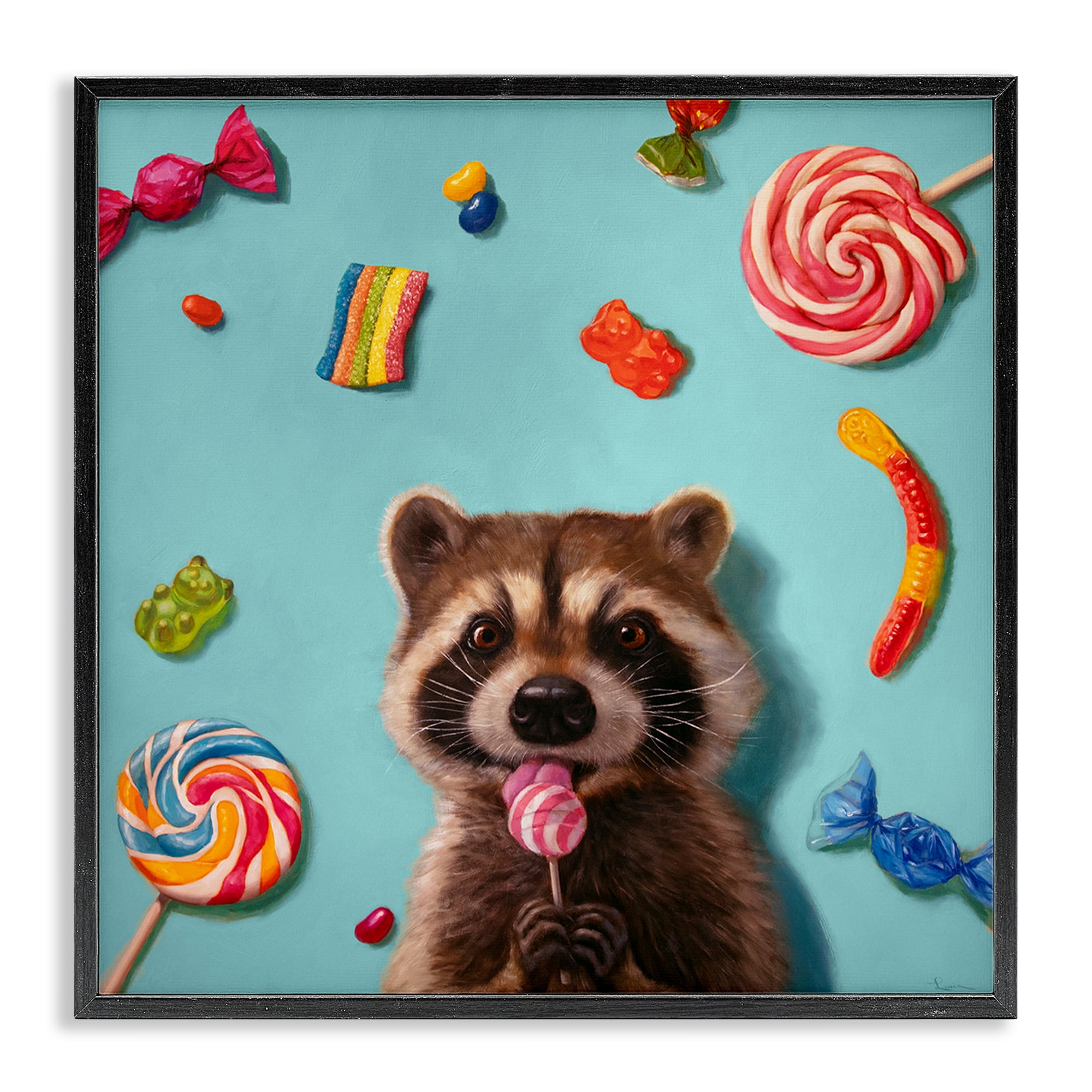 Stupell Industries Raccoon & Sweets Candies Food & Beverage Painting Black Framed Art Print Wall Art, 24 x 24