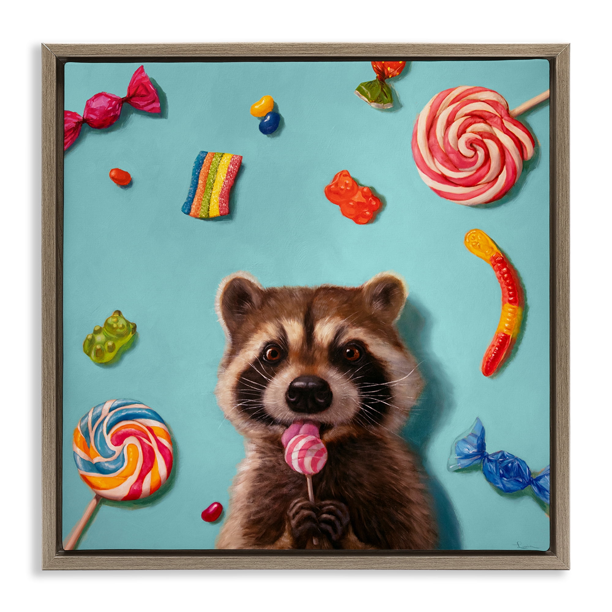 Stupell Industries Raccoon & Sweets Candies Food & Beverage Painting Brown Floater Framed Canvas Art Print Wall Art, 18 x 18