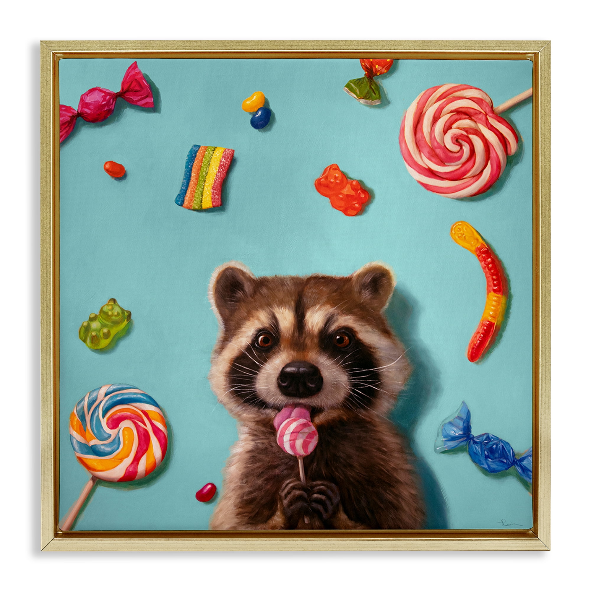Stupell Industries Raccoon & Sweets Candies Food & Beverage Painting Gold Floater Framed Canvas Art Print Wall Art, 25 x 25