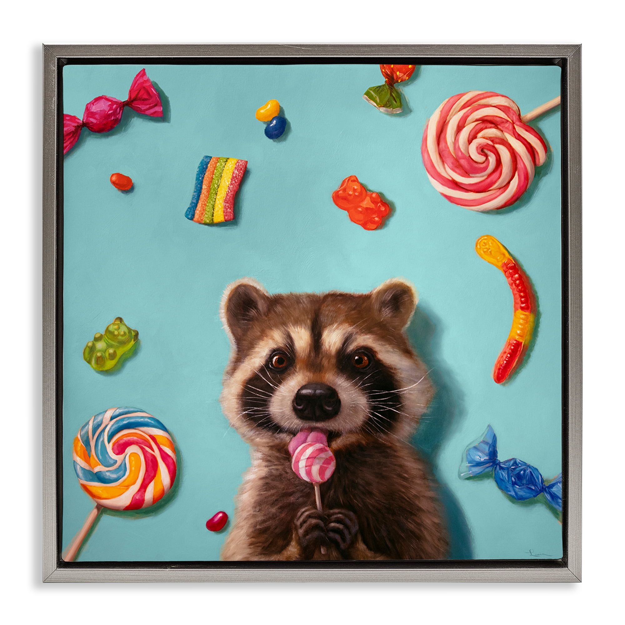 Stupell Industries Raccoon & Sweets Candies Food & Beverage Painting Gray Floater Framed Canvas Art Print Wall Art, 25 x 25