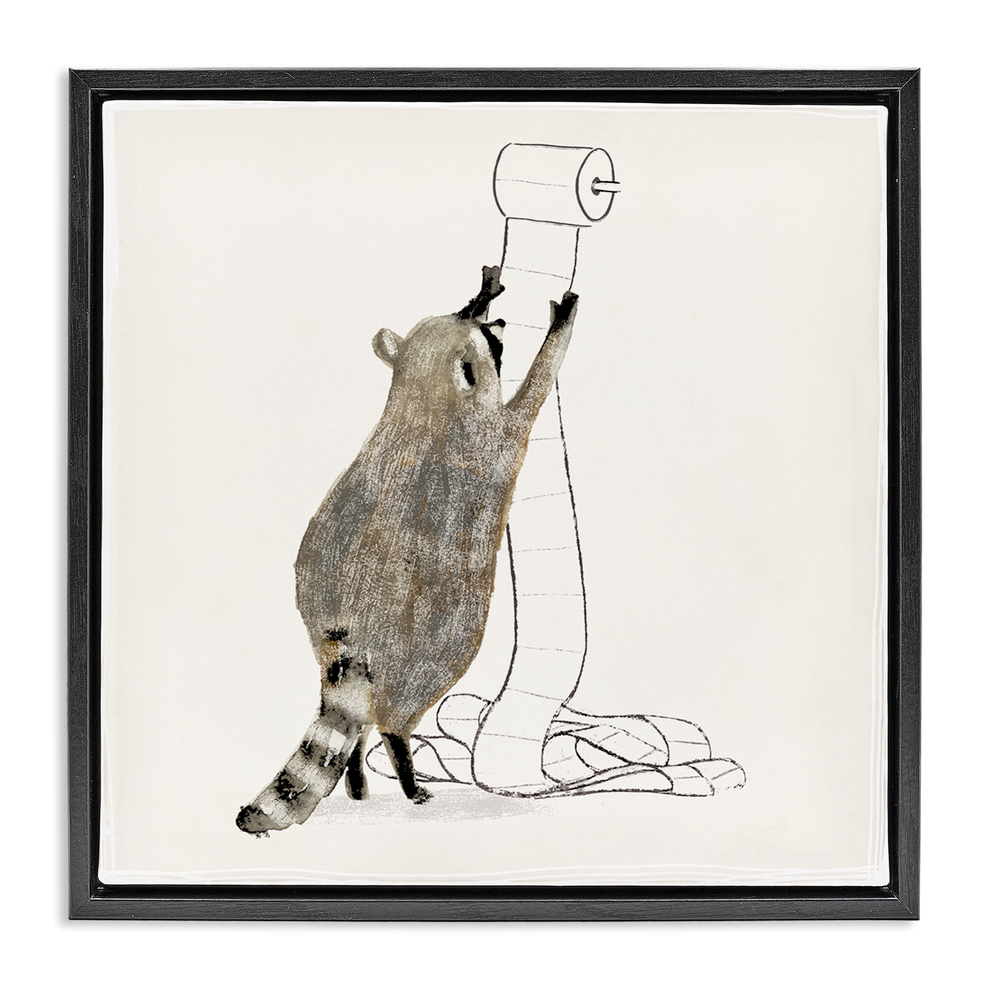 Stupell Industries Raccoon Toilet Paper Hoarder Animals & Insects Painting Black Floater Framed Canvas Art Print Wall Art, 25 x 25
