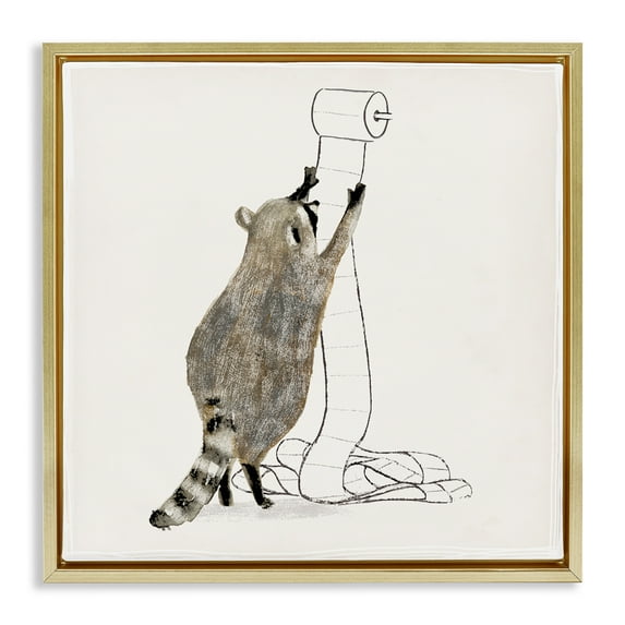 Stupell Industries Raccoon Toilet Paper Hoarder Animals & Insects Painting Gold Floater Framed Canvas Art Print Wall Art, 18 x 18