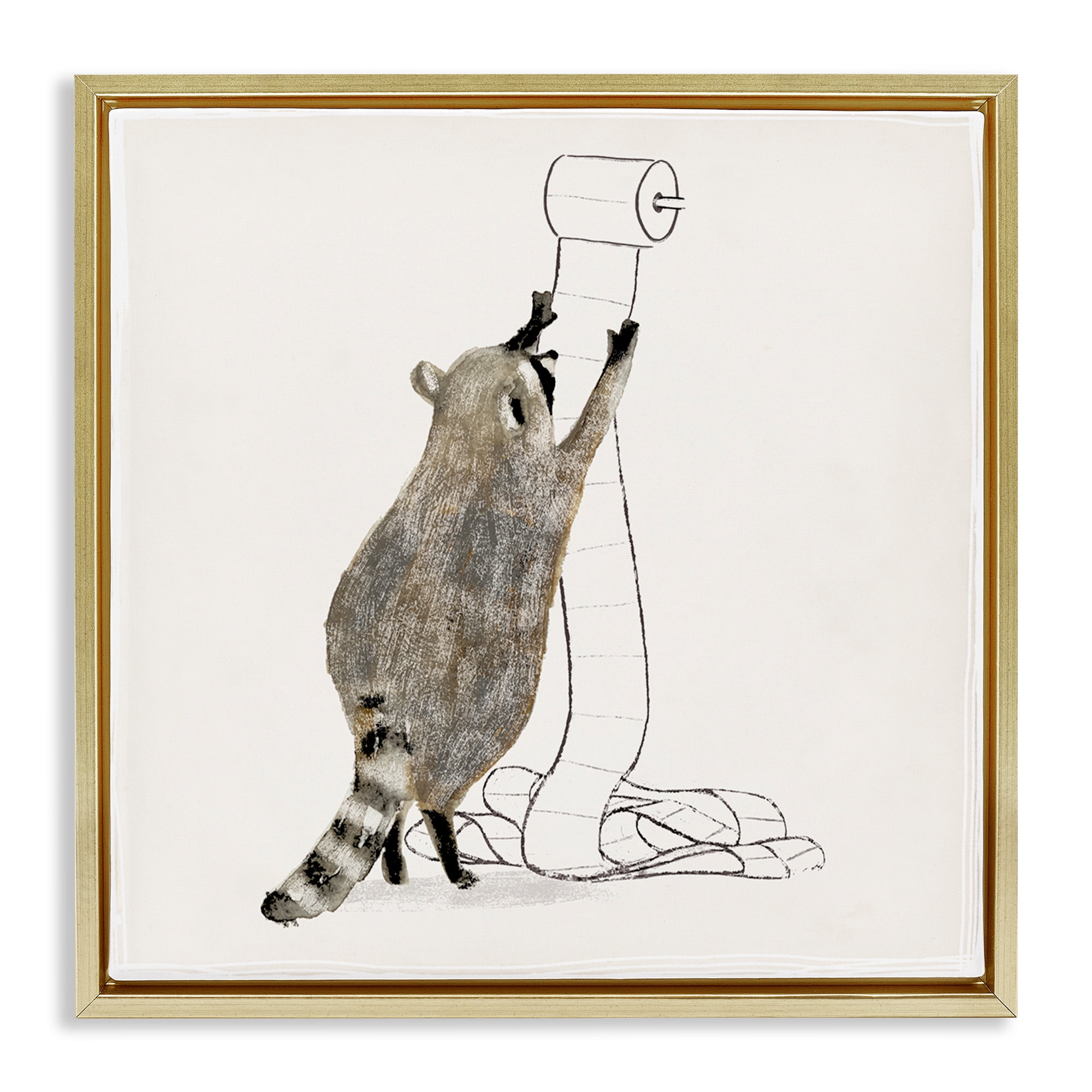 Stupell Industries Raccoon Toilet Paper Hoarder Animals & Insects Painting Gold Floater Framed Canvas Art Print Wall Art, 25 x 25