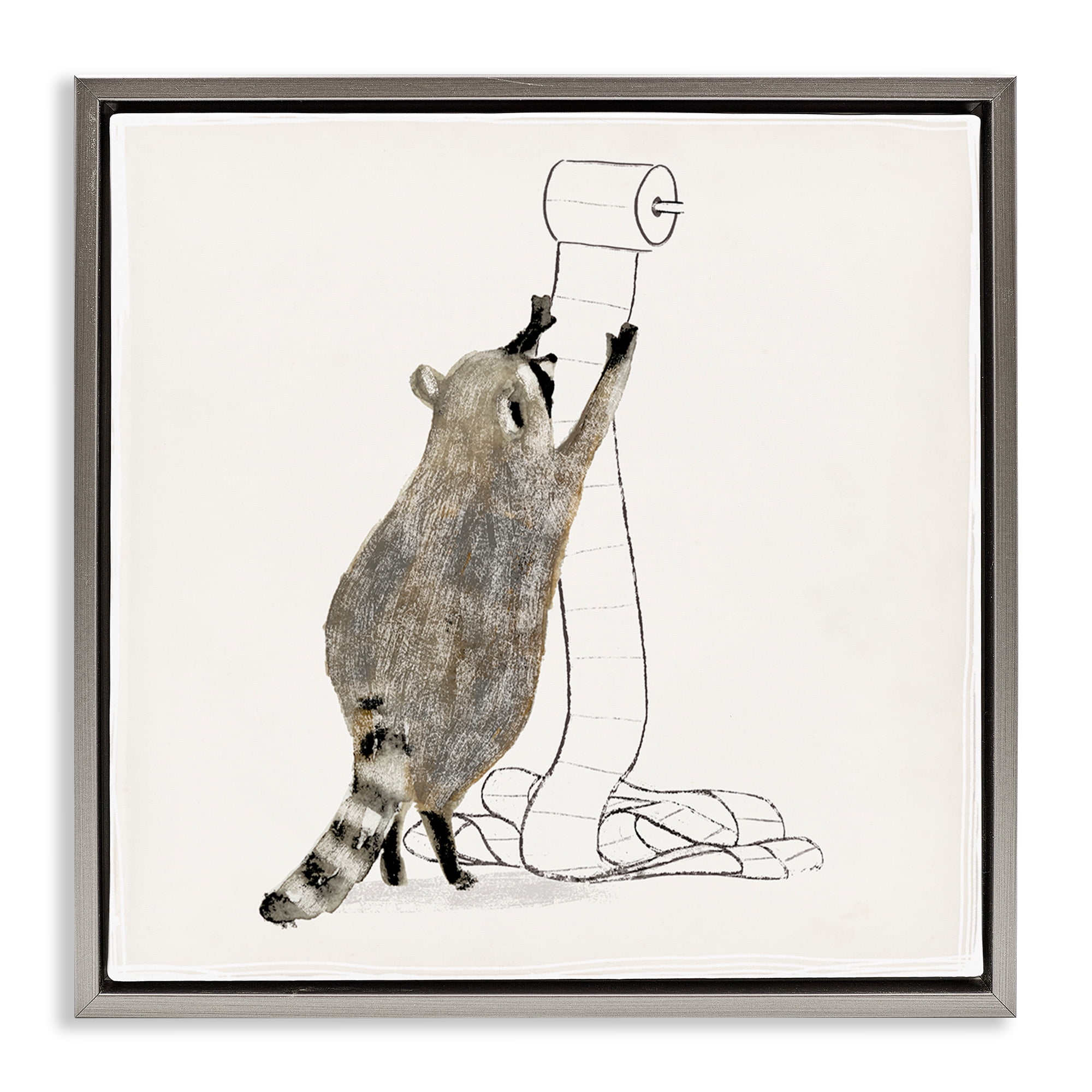 Stupell Industries Raccoon Toilet Paper Hoarder Animals & Insects Painting Gray Floater Framed Canvas Art Print Wall Art, 18 x 18
