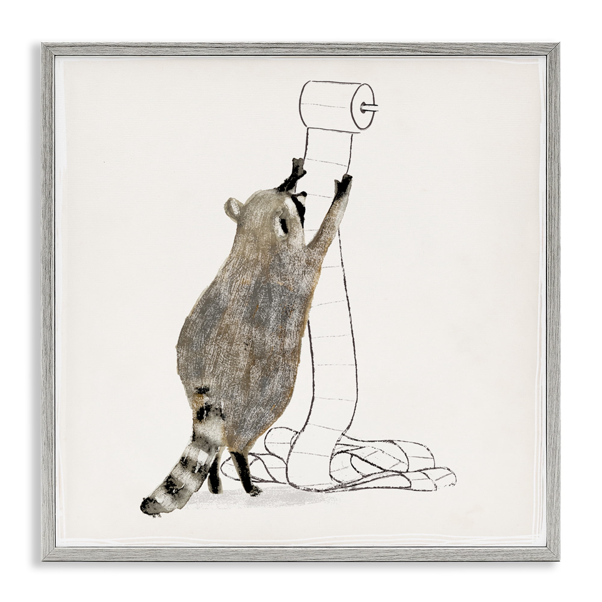 Stupell Industries Raccoon Toilet Paper Hoarder Animals & Insects Painting Gray Framed Art Print Wall Art, 17 x 17