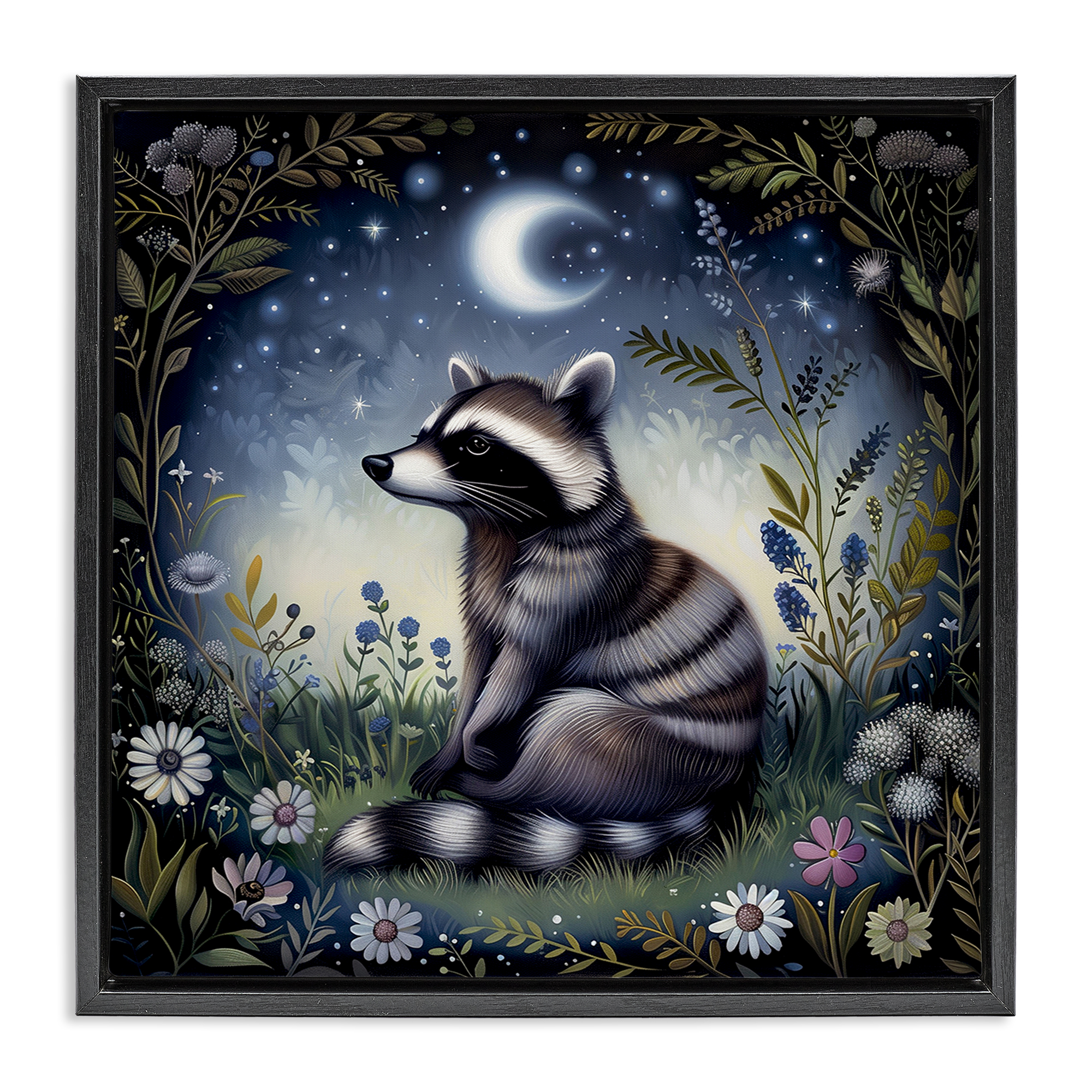 Stupell Industries Raccoon Under Night Forest Animals Painting Black Floater Framed Canvas Art Print Wall Art, 25 x 25