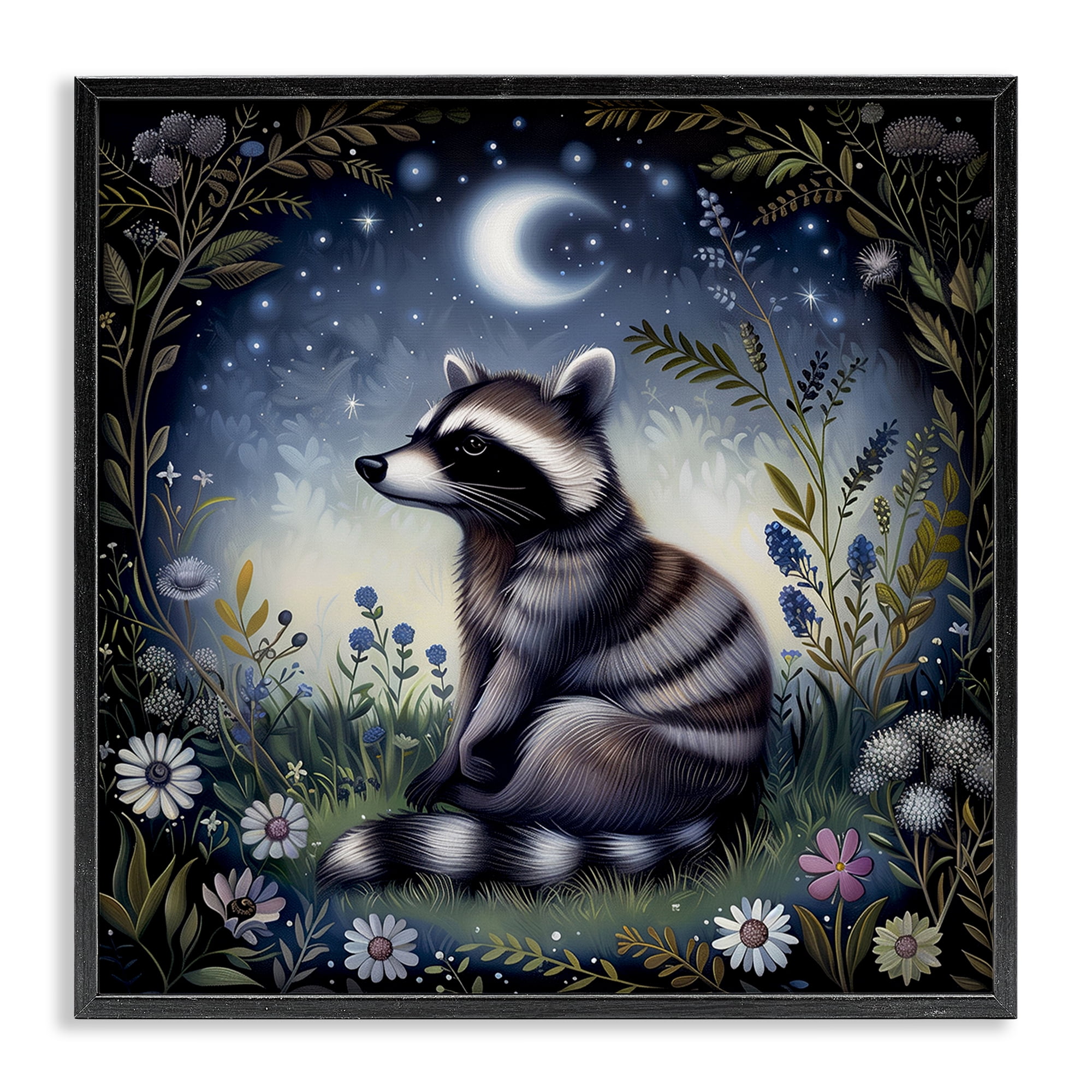 Stupell Industries Raccoon Under Night Forest Animals Painting Black Framed Art Print Wall Art, 12 x 12