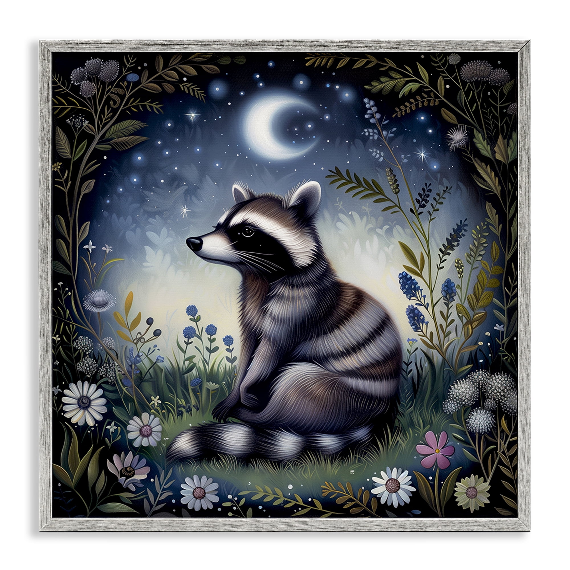 Stupell Industries Raccoon Under Night Forest Animals Painting Gray Framed Art Print Wall Art, 24 x 24