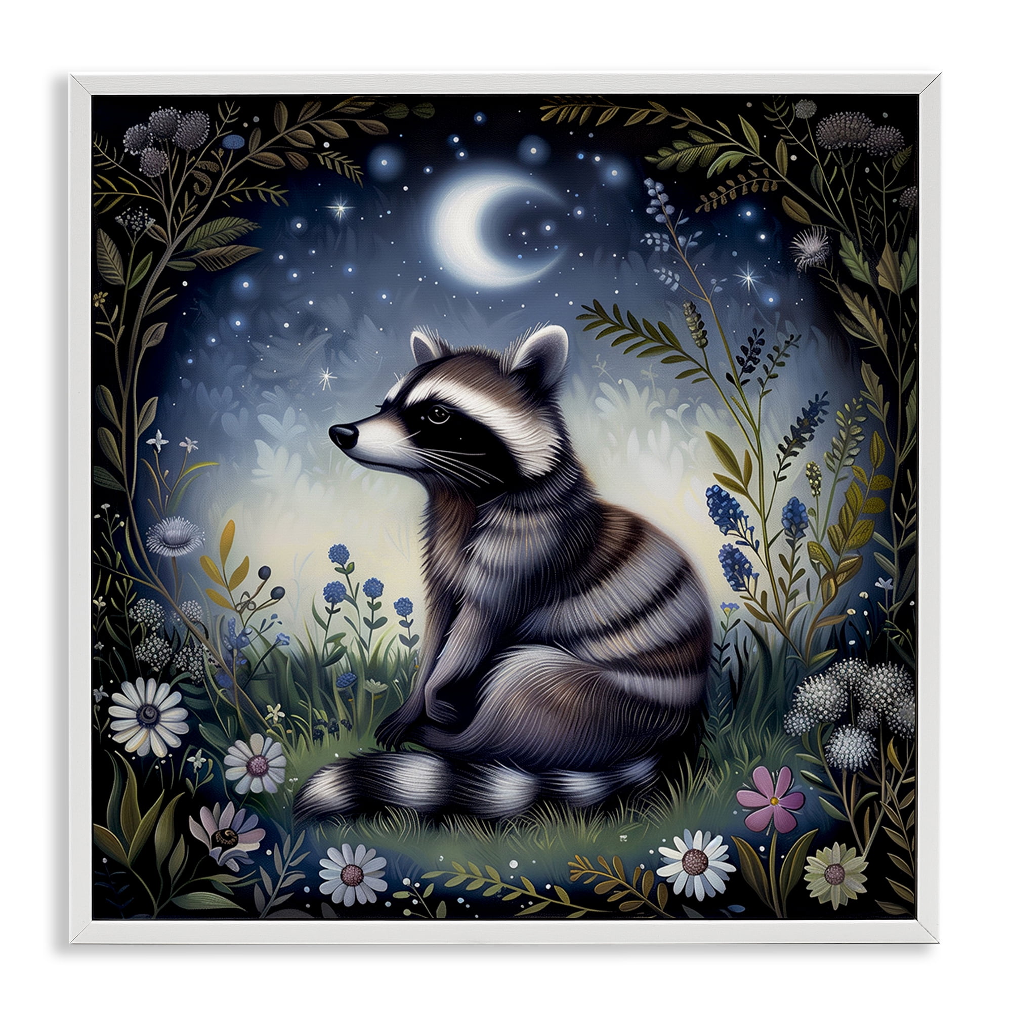Stupell Industries Raccoon Under Night Forest Animals Painting White Framed Art Print Wall Art, 17 x 17