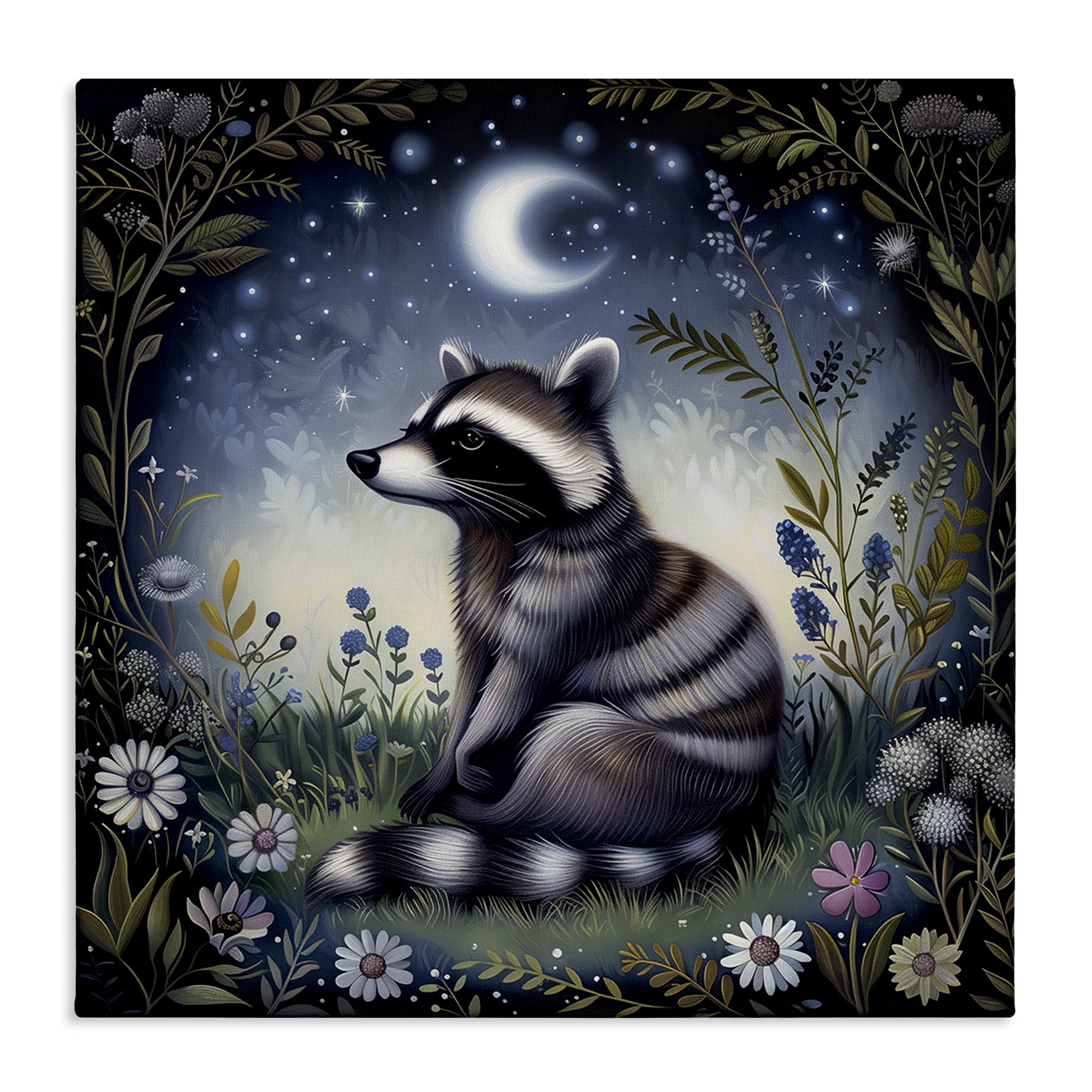 Stupell Industries Raccoon Under Night Forest Animals Painting Wrapped Canvas Art Print Wall Art, 17 x 17