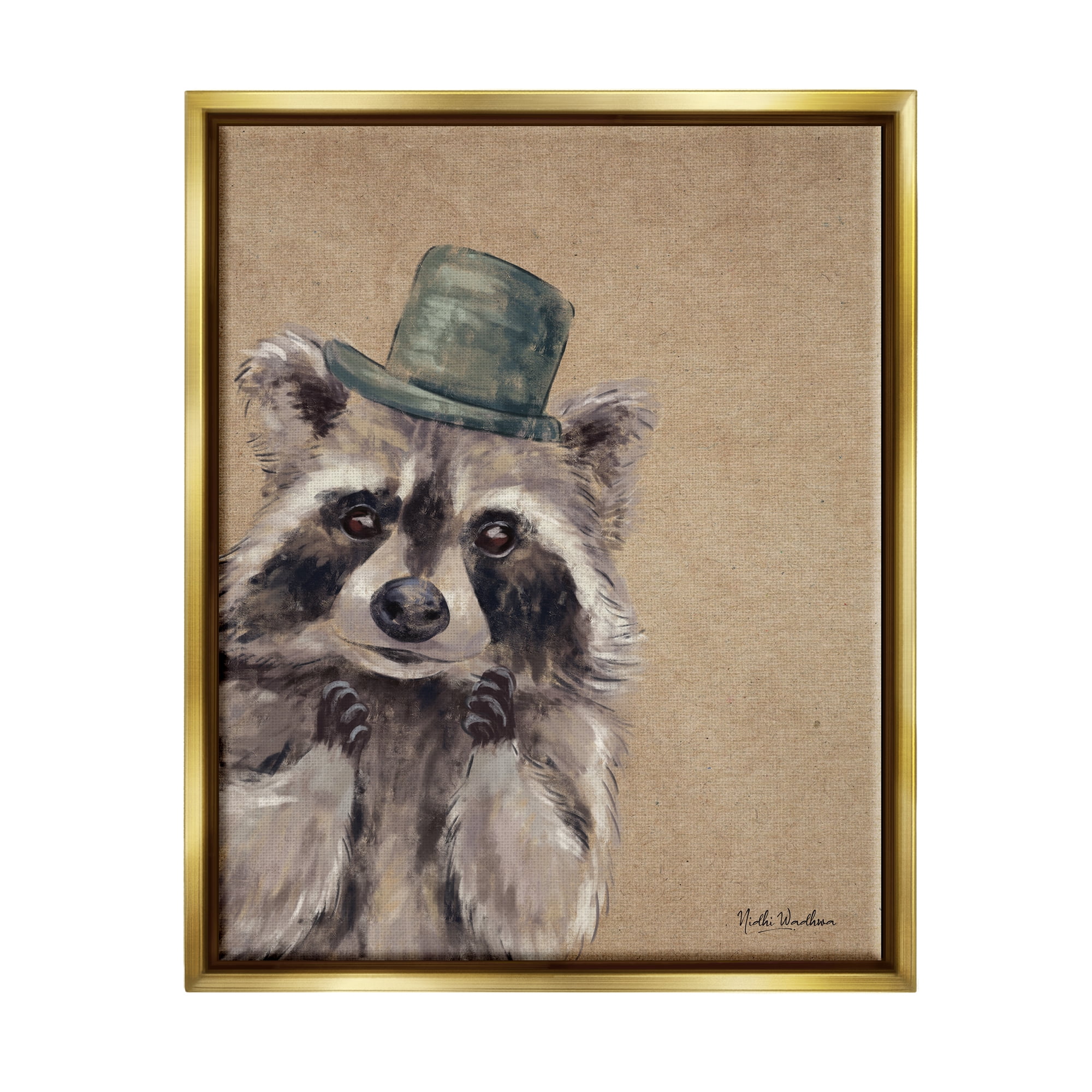 Stupell Industries Raccoon Wearing Top Hat Animals & Insects Painting Gold Floater Framed Art Print Wall Art, 17 x 21