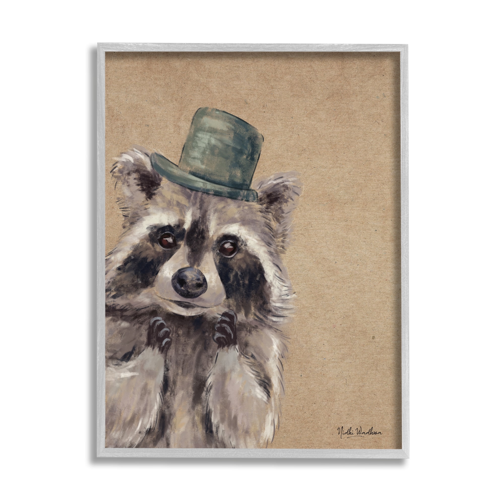 Stupell Industries Raccoon Wearing Top Hat Animals & Insects Painting Gray Framed Art Print Wall Art, 24 x 30