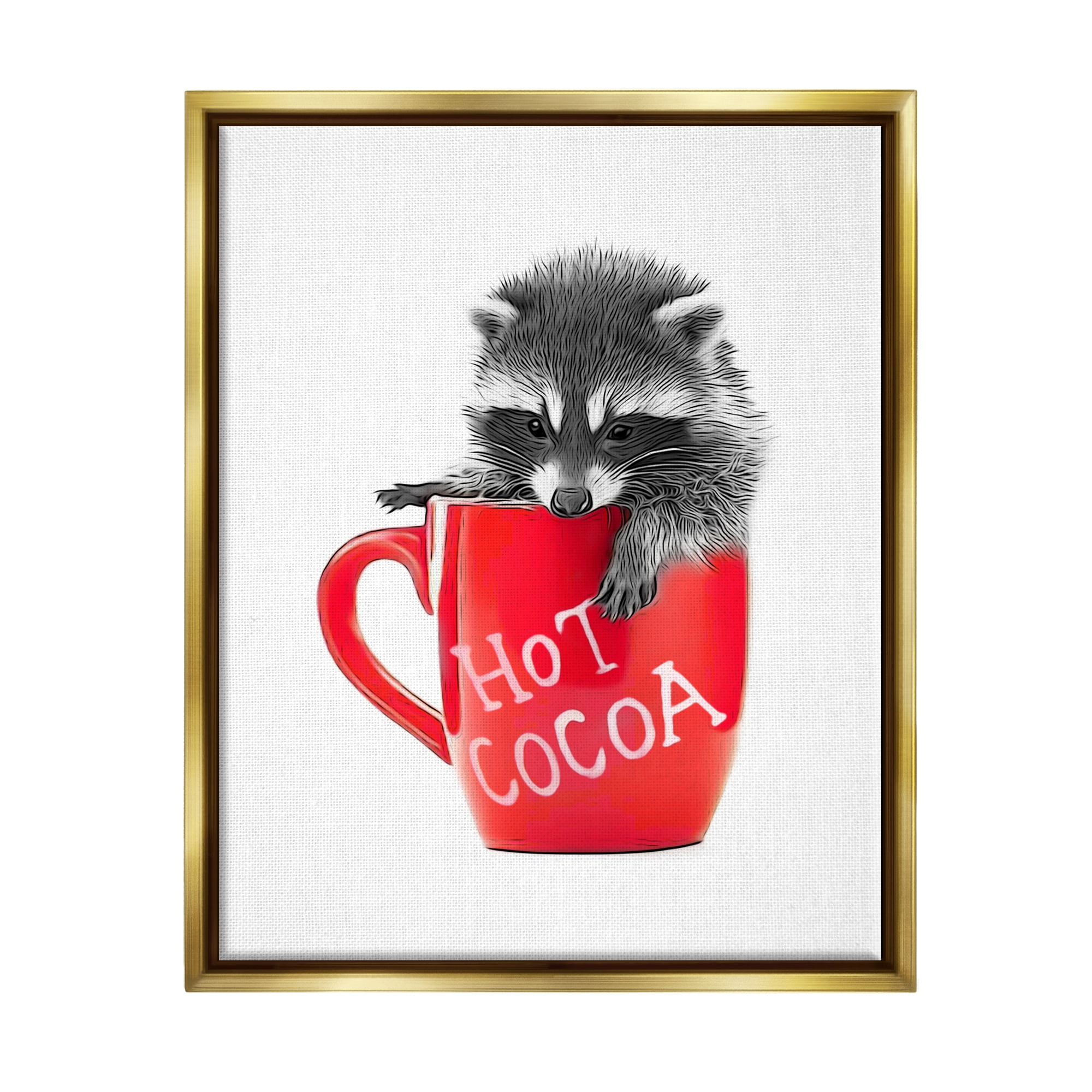 Stupell Industries Raccoon in Cocoa Mug Animals & Insects Painting Gold Floater Framed Canvas Art Print Wall Art, 25 x 31