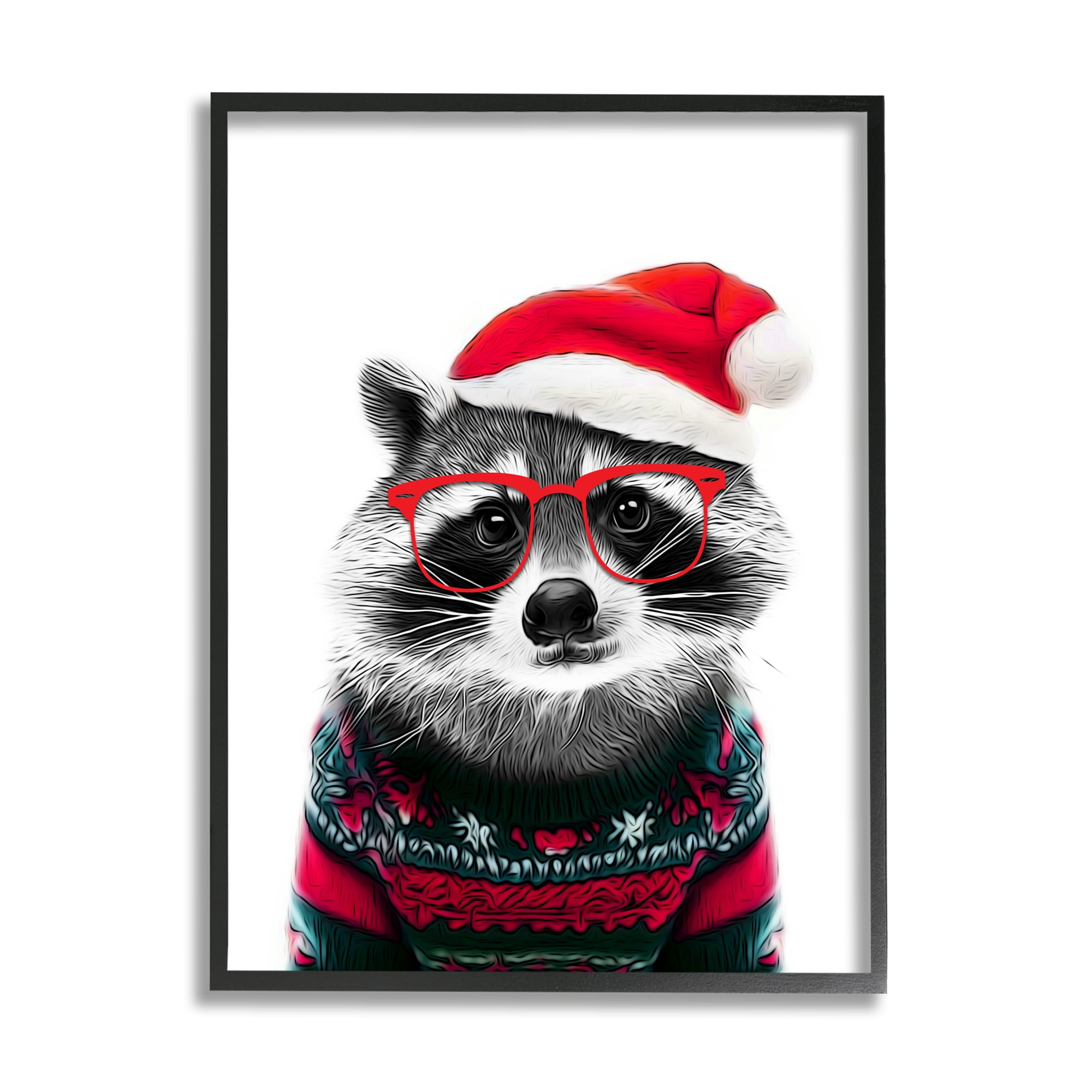 Stupell Industries Raccoon in Holiday Sweater Holiday Painting Black Framed Art Print Wall Art, 11 x 14