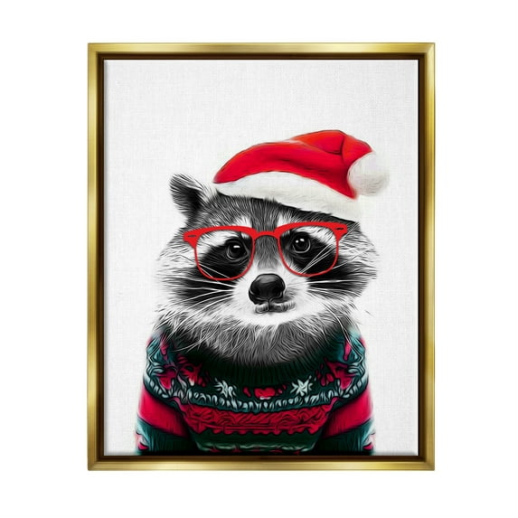 Stupell Industries Raccoon in Holiday Sweater Holiday Painting Gold Floater Framed Canvas Art Print Wall Art, 25 x 31