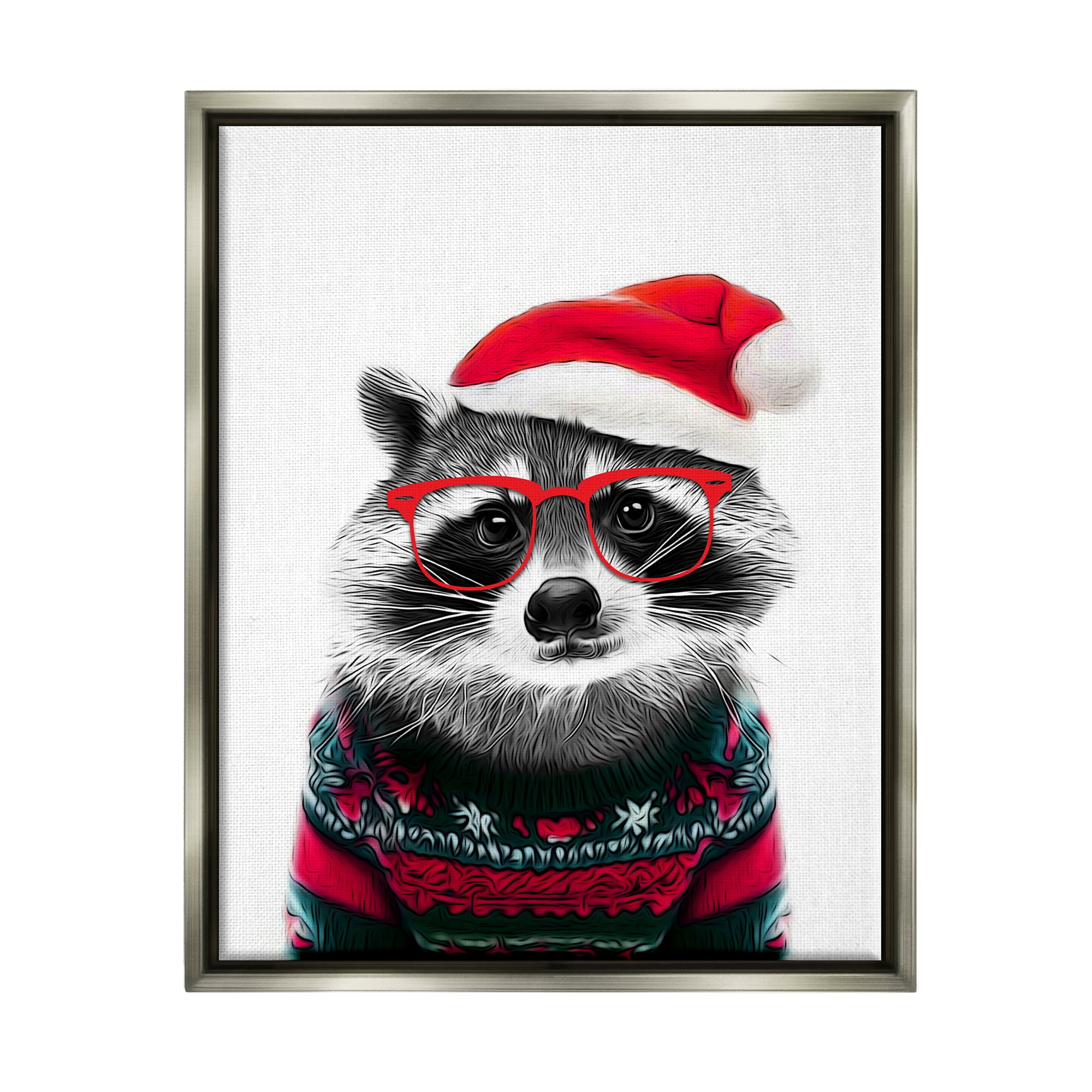 Stupell Industries Raccoon in Holiday Sweater Holiday Painting Gray Floater Framed Canvas Art Print Wall Art, 25 x 31