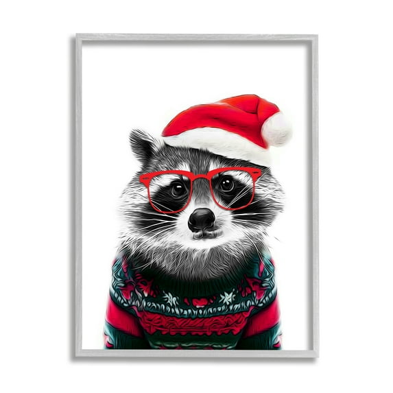 Stupell Industries Raccoon in Holiday Sweater Holiday Painting Gray Framed Art Print Wall Art, 11 x 14