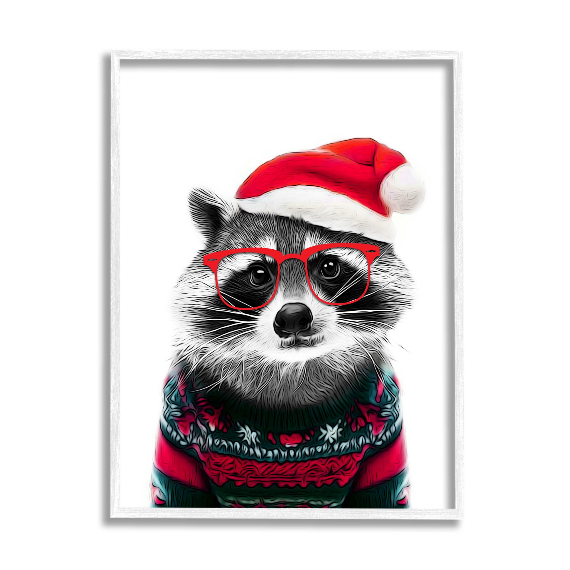 Stupell Industries Raccoon in Holiday Sweater Holiday Painting White Framed Art Print Wall Art, 16 x 20