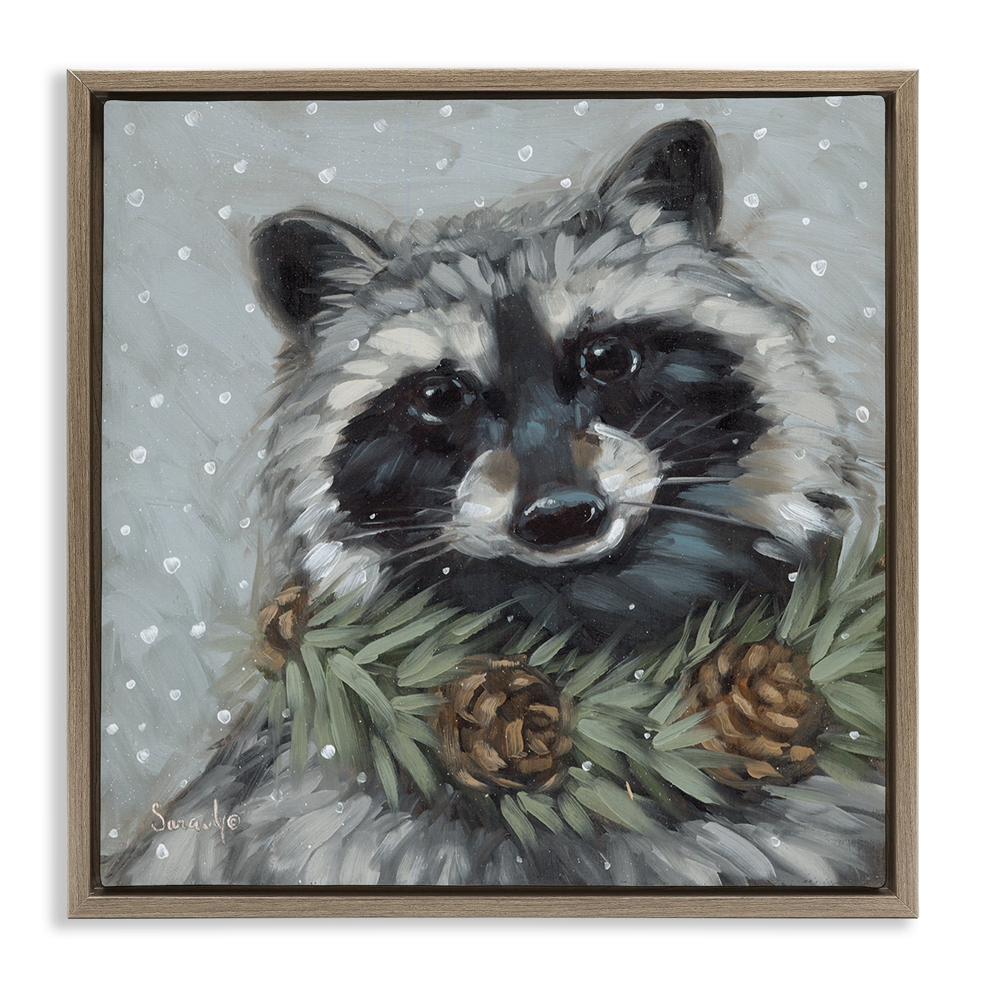 Stupell Industries Raccoon with Pinecones Holiday Painting Brown Floater Framed Canvas Art Prints Wall Art, 18 x 18