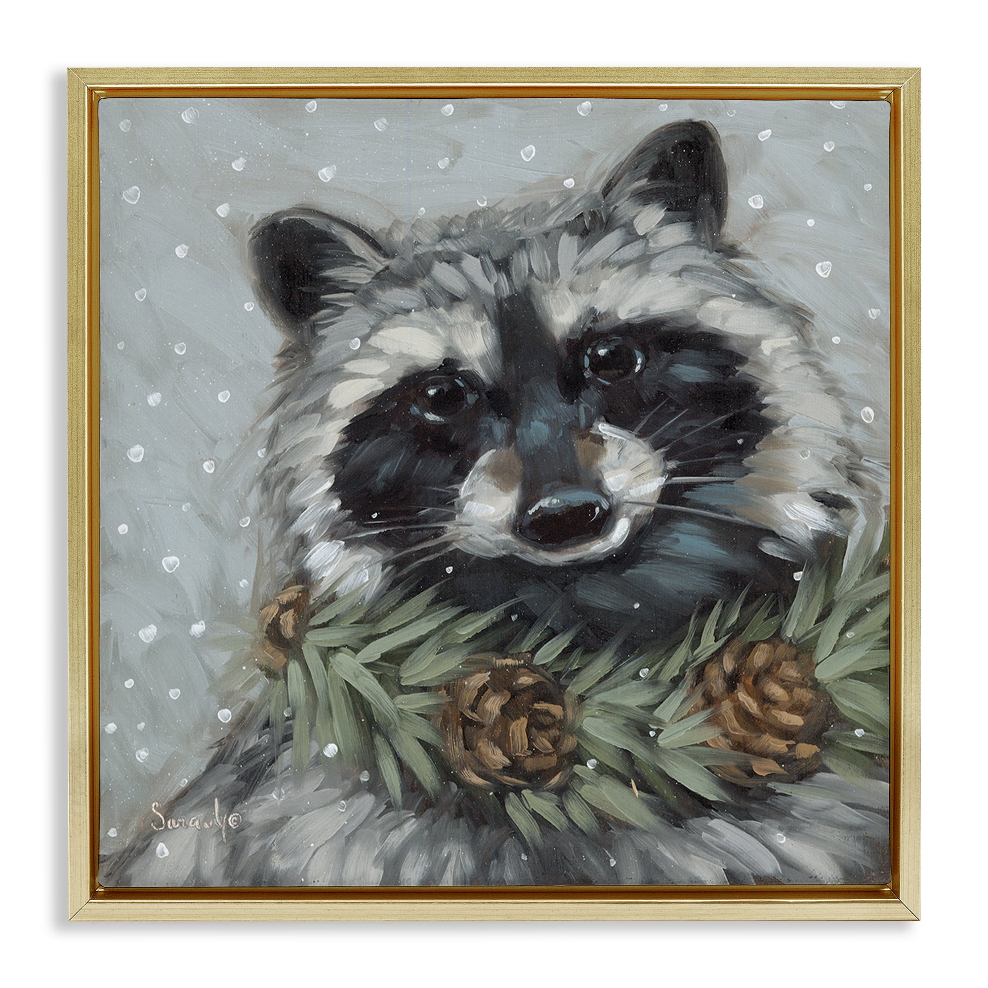 Stupell Industries Raccoon with Pinecones Holiday Painting Gold Floater Framed Canvas Art Prints Wall Art, 25 x 25