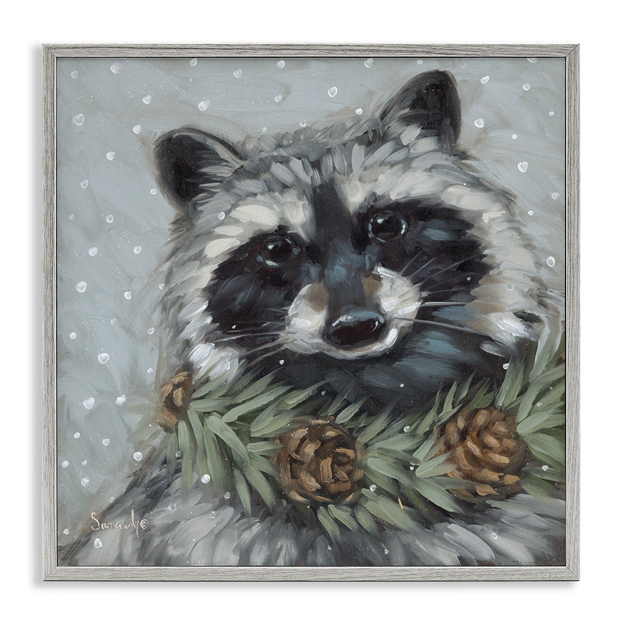 Stupell Industries Raccoon with Pinecones Holiday Painting Gray Framed Art Prints Wall Art, 24 x 24