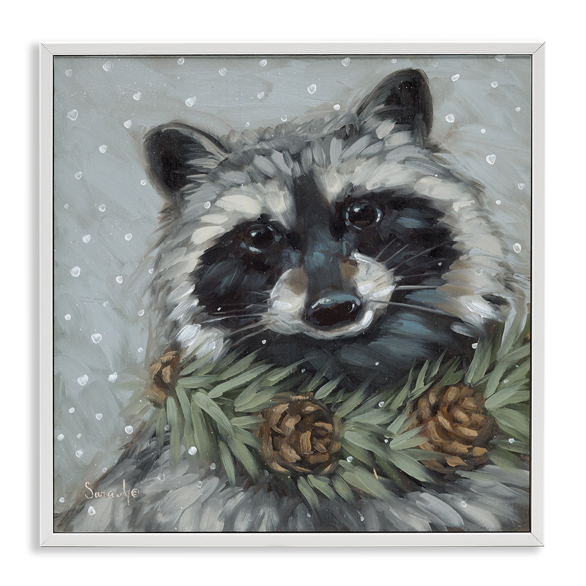 Stupell Industries Raccoon with Pinecones Holiday Painting White Framed Art Prints Wall Art, 24 x 24