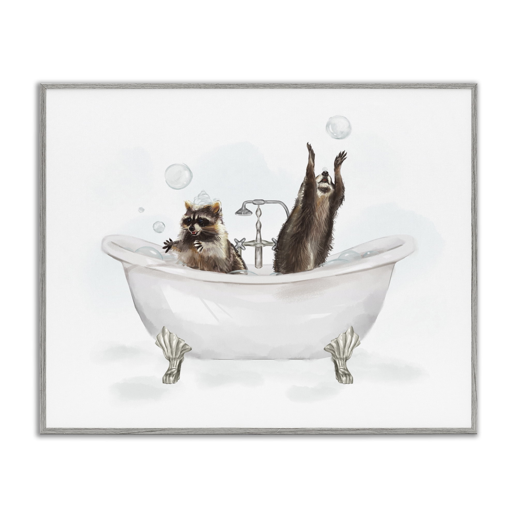 Stupell Industries Raccoons Catching Bubbles Typography Painting Gray Framed Art Print Wall Art, 14 x 11