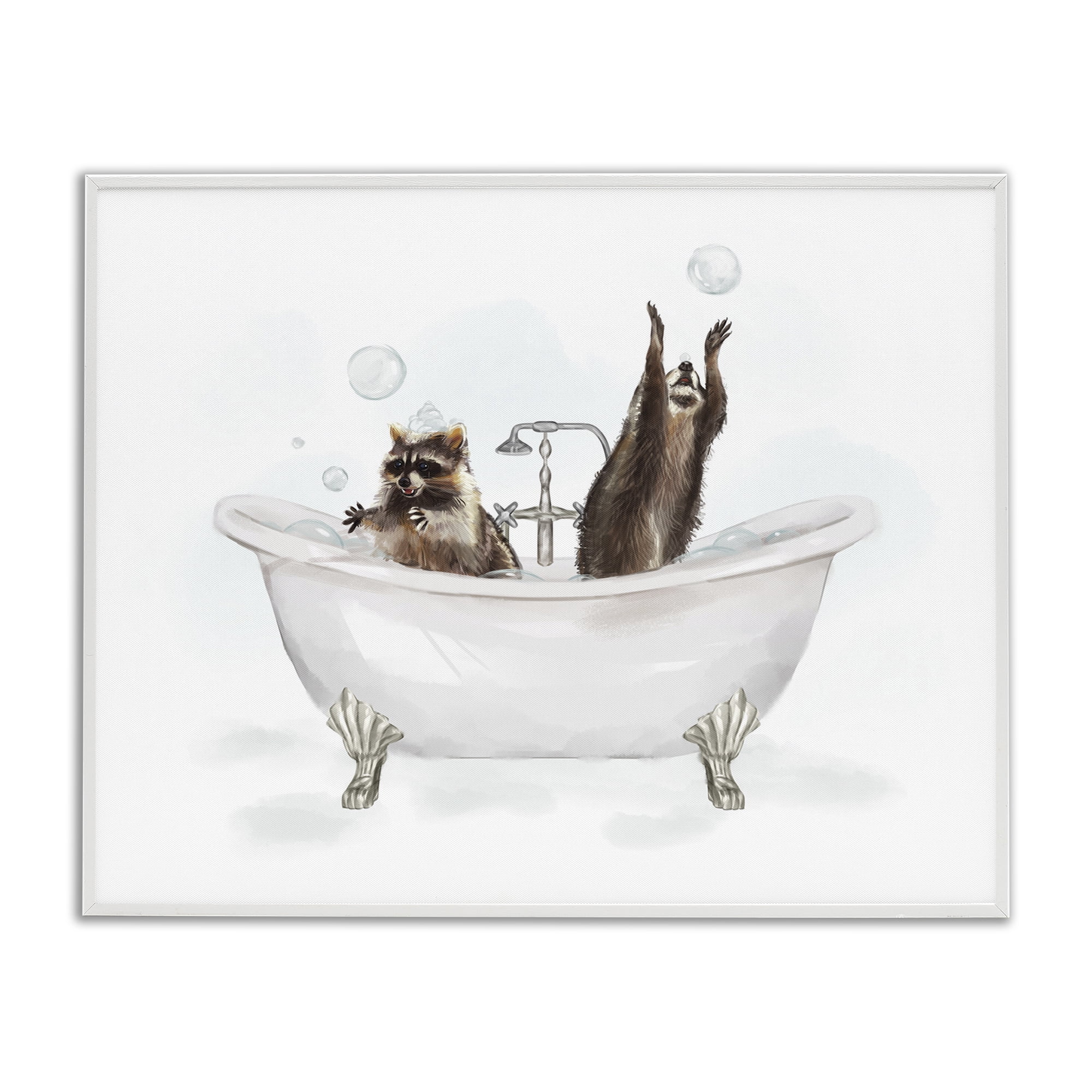 Stupell Industries Raccoons Catching Bubbles Typography Painting White Framed Art Print Wall Art, 14 x 11