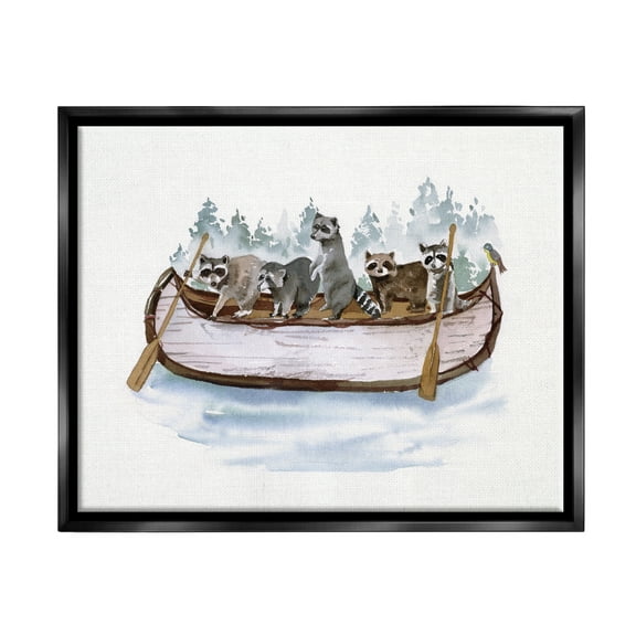 Stupell Industries Raccoons on Rowboat Animals & Insects Painting Black Floater Framed Canvas Art Print Wall Art, 21 x 17