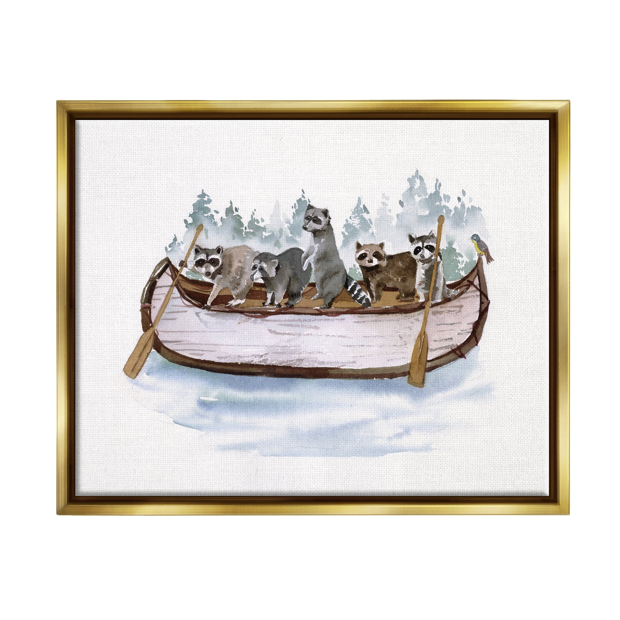 Stupell Industries Raccoons on Rowboat Animals & Insects Painting Gold Floater Framed Canvas Art Print Wall Art, 31 x 25