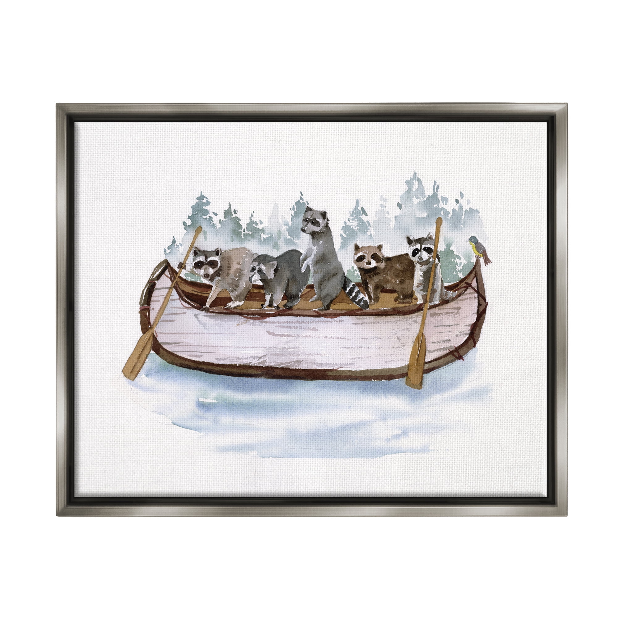 Stupell Industries Raccoons on Rowboat Animals & Insects Painting Gray Floater Framed Canvas Art Print Wall Art, 21 x 17