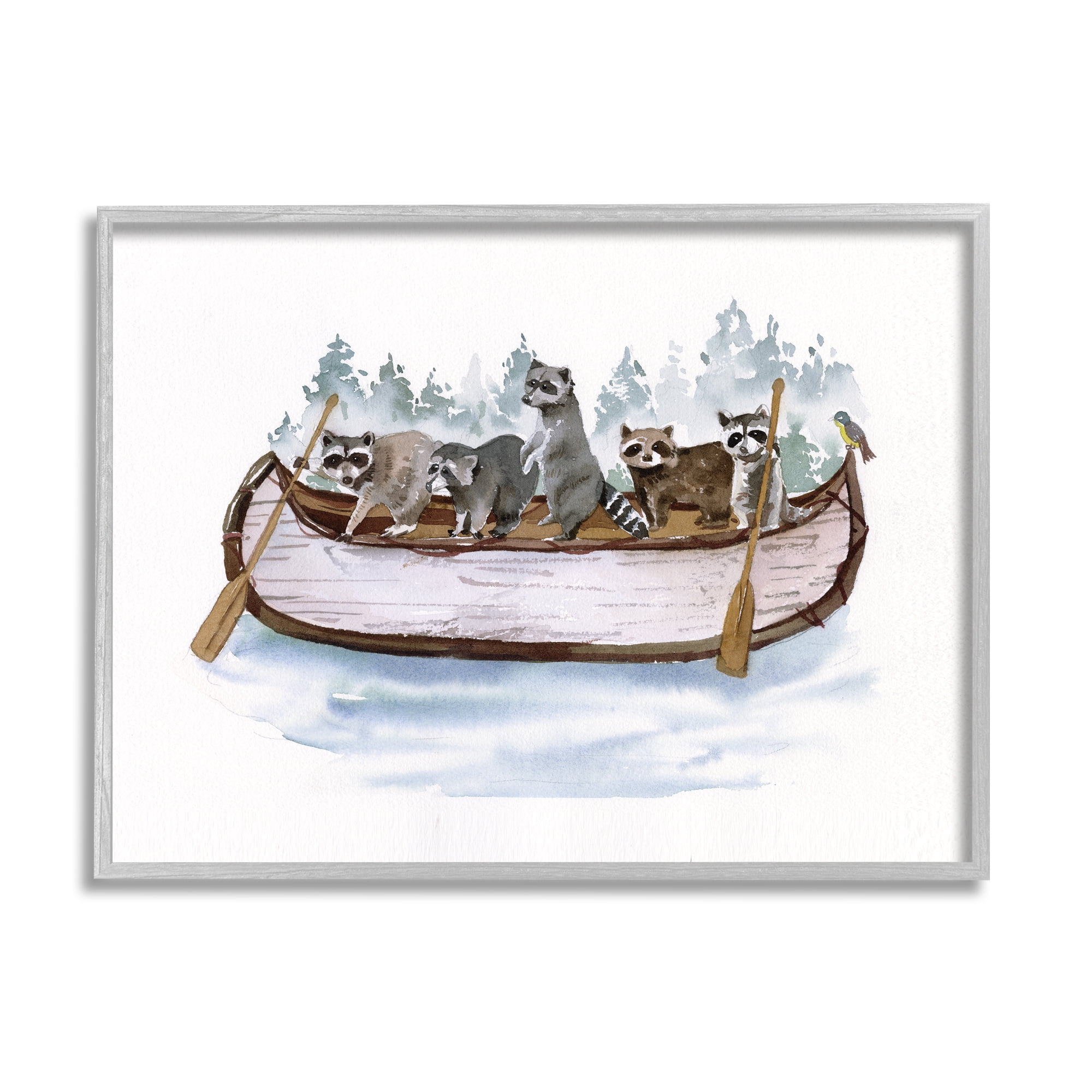 Stupell Industries Raccoons on Rowboat Animals & Insects Painting Gray Framed Art Print Wall Art, 14 x 11